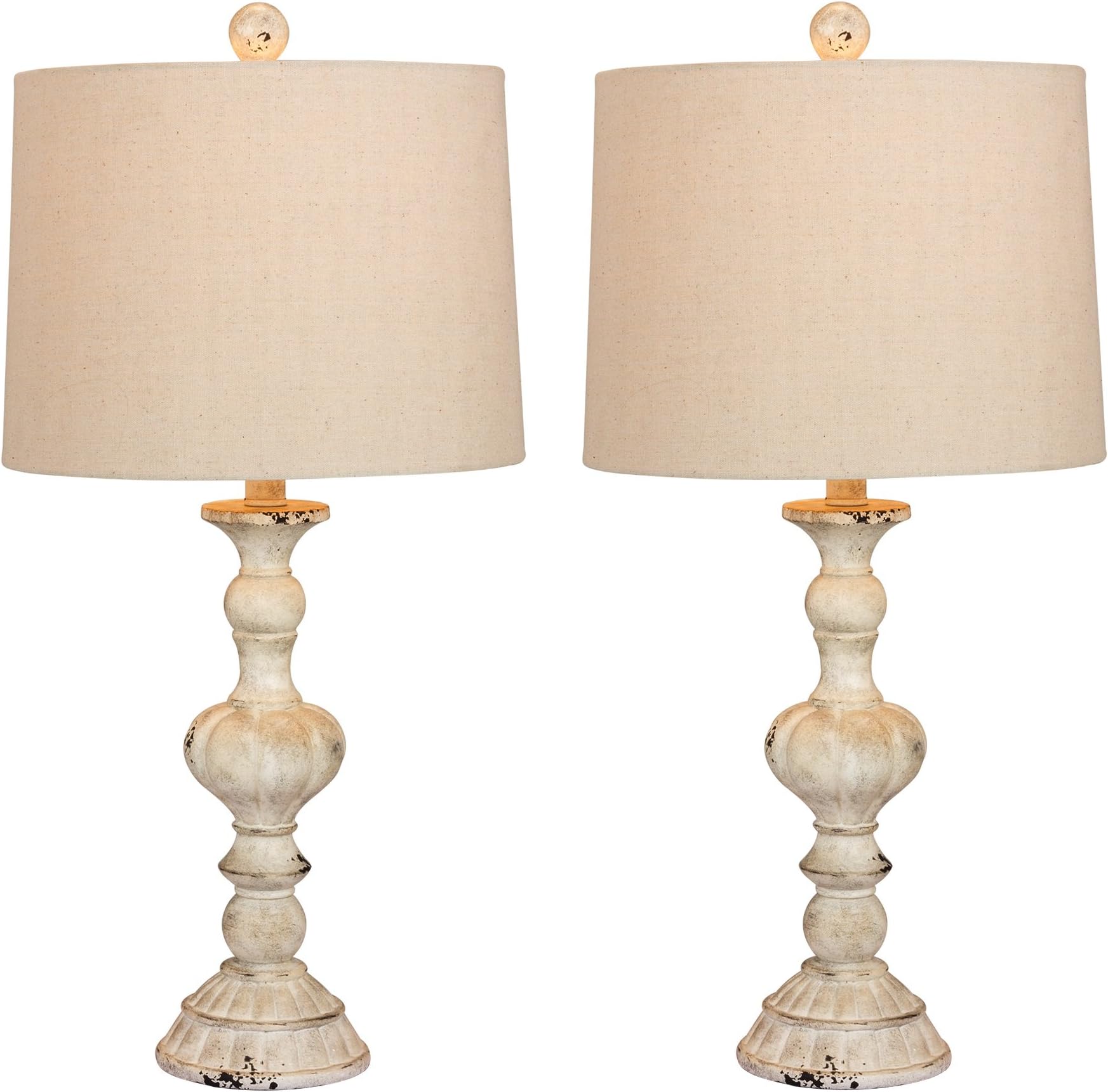 Cory Martin W-6238CAW-2PK Fangio Lighting's #6238CAW-2PK 26.5 in. Pair of Distressed, Sculpted Candlestick Resin Table Lamps in a Cottage Antique White Finish, 2 Piece