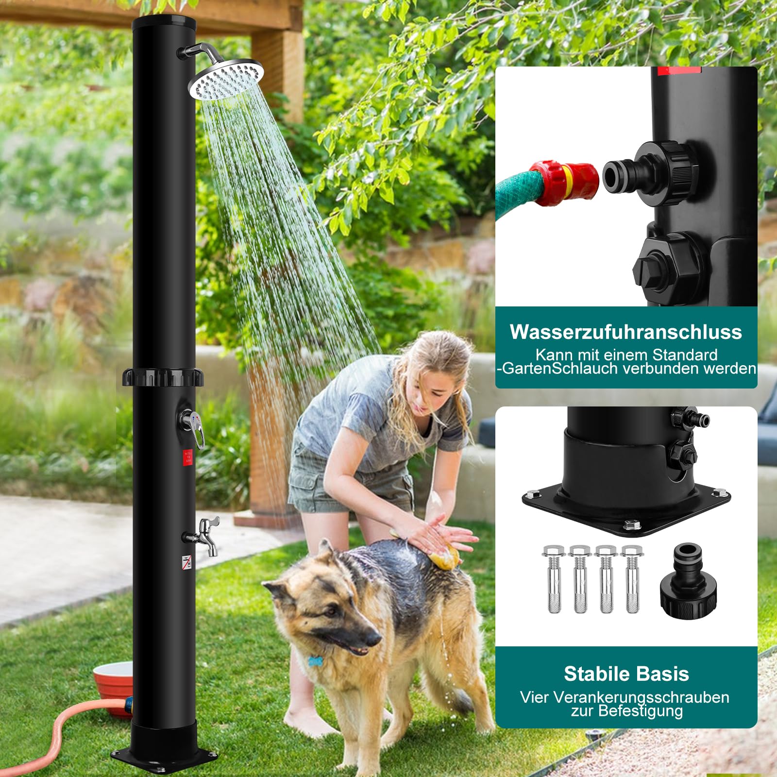 Solardusche Garten 40 Liter, Dusche Solar mit Duschkopf und Fußhahn, Ohne Stromanschluss, Warmes Wasser bis 60°C, Solardusche Outdoor mit Gartenschlauch-Anschluss für Garten, Pool