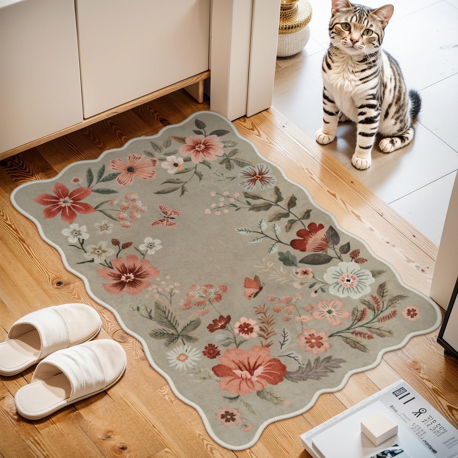 Lahome Floral Washable Kitchen Rug, Ultra-Thin Fall Door Mat, Indoor Entrance Stain Resistant Boho Small Low-Pile Throw Rug for Bathroom Bedroom (2x3ft, Brown)
