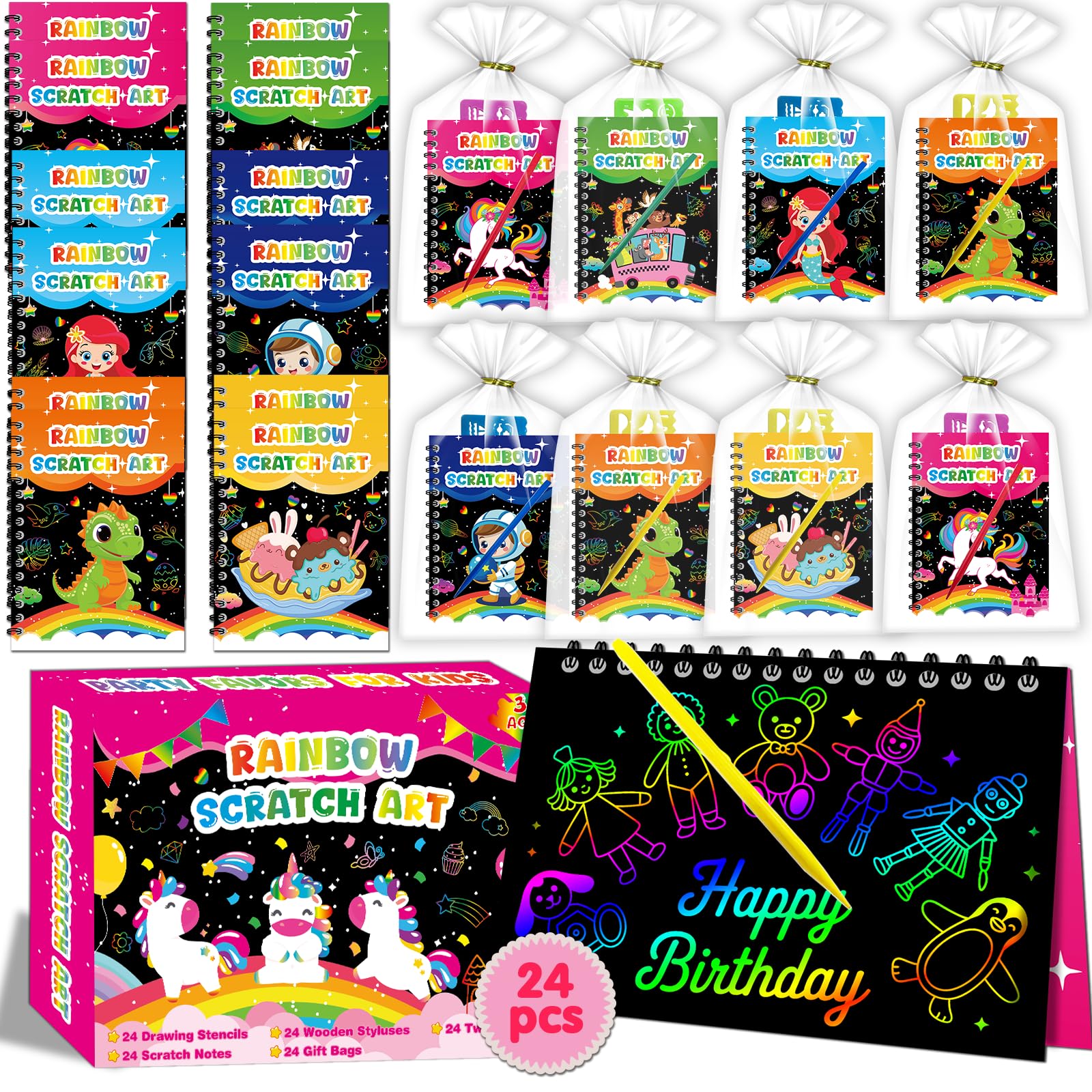 Elfew 96PCS Scratch Art for Kids 3-5,6-12, Bulk Rainbow Scratch Paper Arts and Crafts, 24 Pack Scratch Art with Stencils and Wooden Stylus, Party Favour, Classroom Prizes, Birthday Gifts Girls Boys