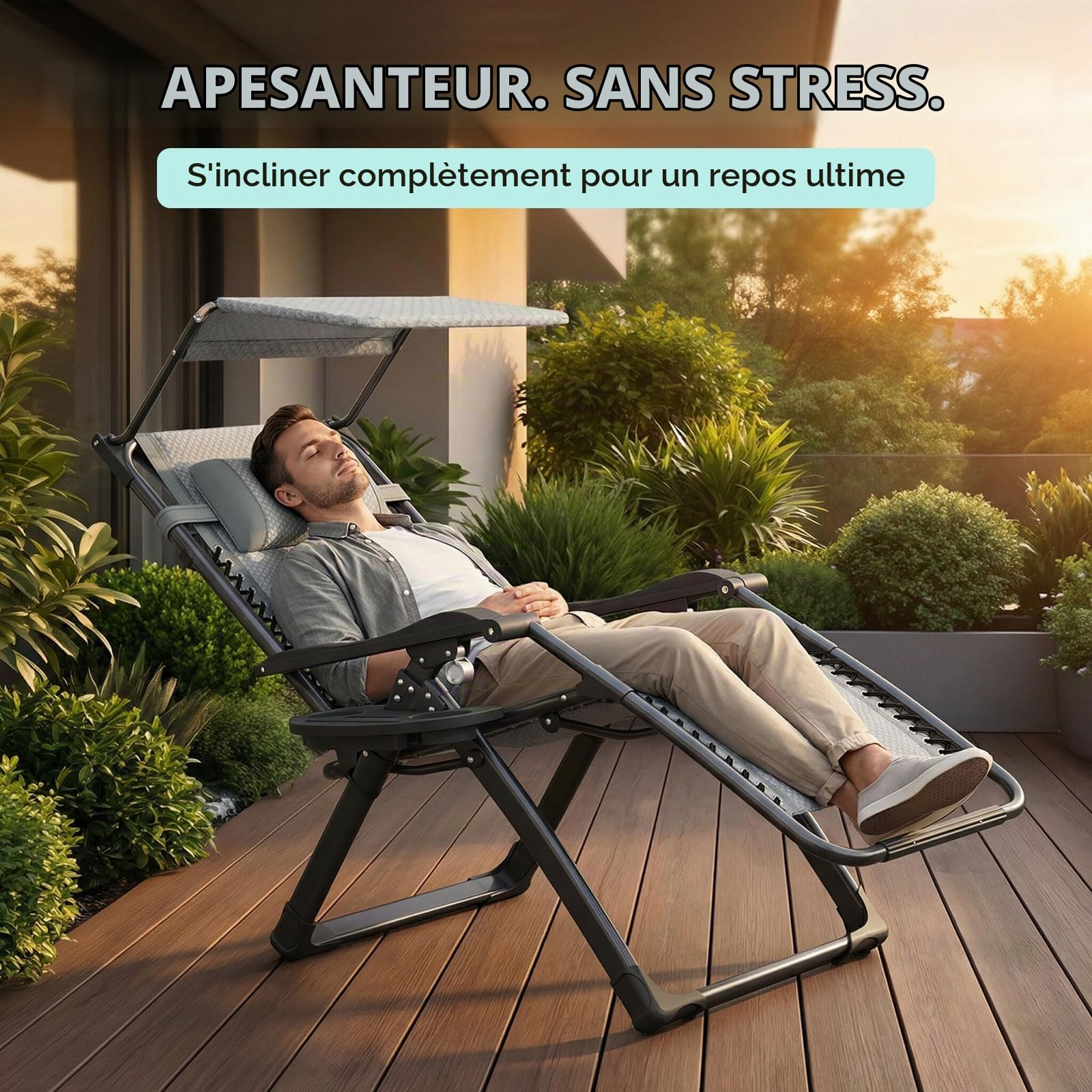 ATORPOK SHOP Chaise longue pliante avec toit pare-soleil, appui-tête et porte-gobelet pour jardin, piscine et plage (gris)