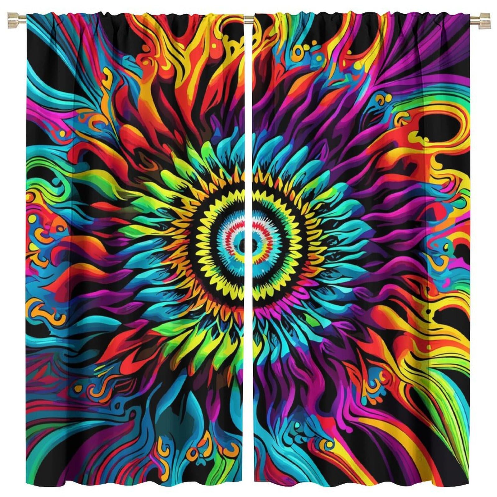 OVBOKEY Tie Dye Curtains - Boho Hippie Style with Rainbow Patterns for Bedroom & Living Room, Multicolor Swirl & Flame Design 2 Panels W42xL45 Inch