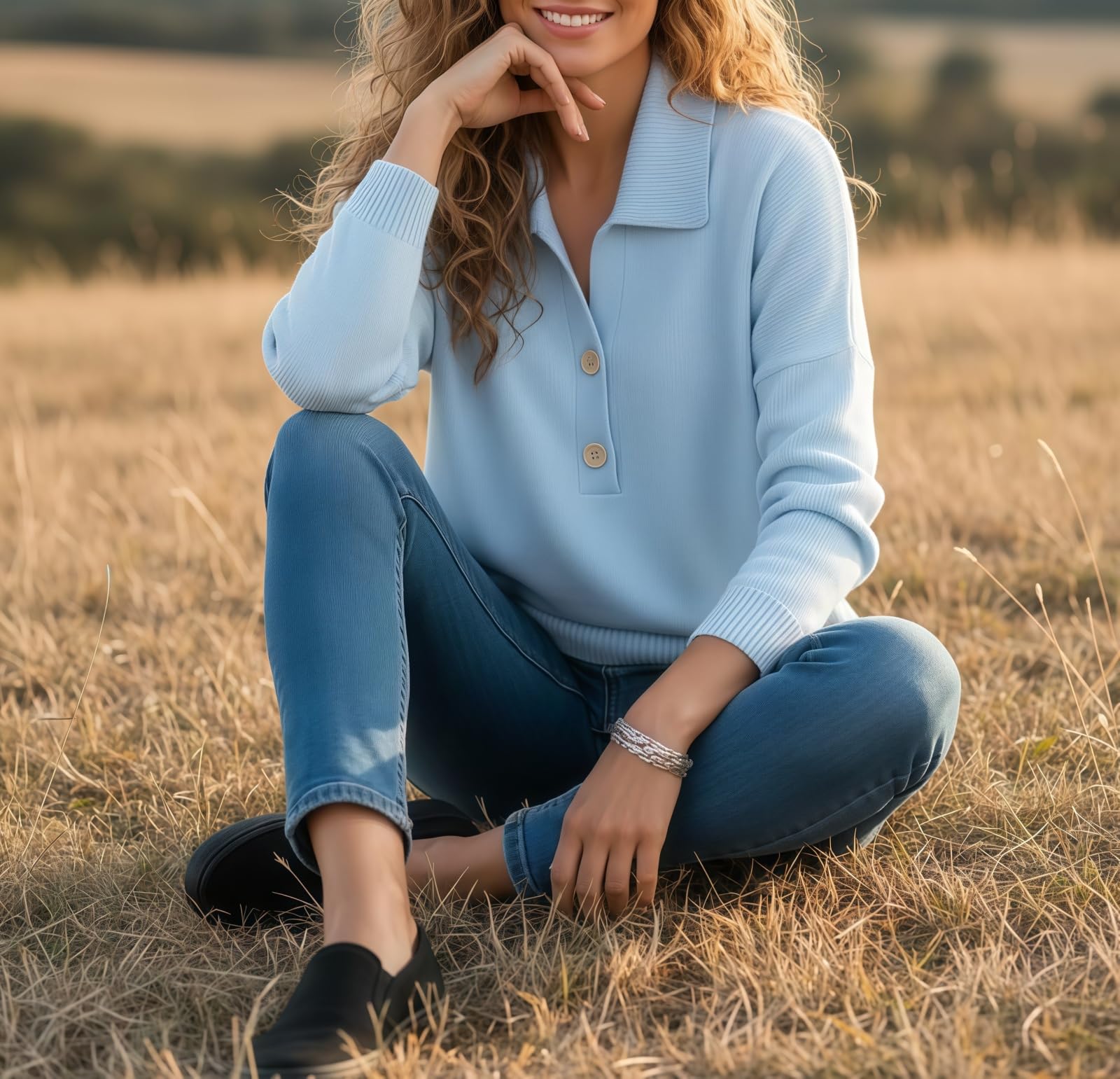 Polo da donna con colletto a polo, maniche lunghe e risvolto, scollo a V | Knoopsluiting met Henley-sluiting, mouwen met verlaagde schouders, relaxte losse pasvorm, lange Abbottonatura Henley