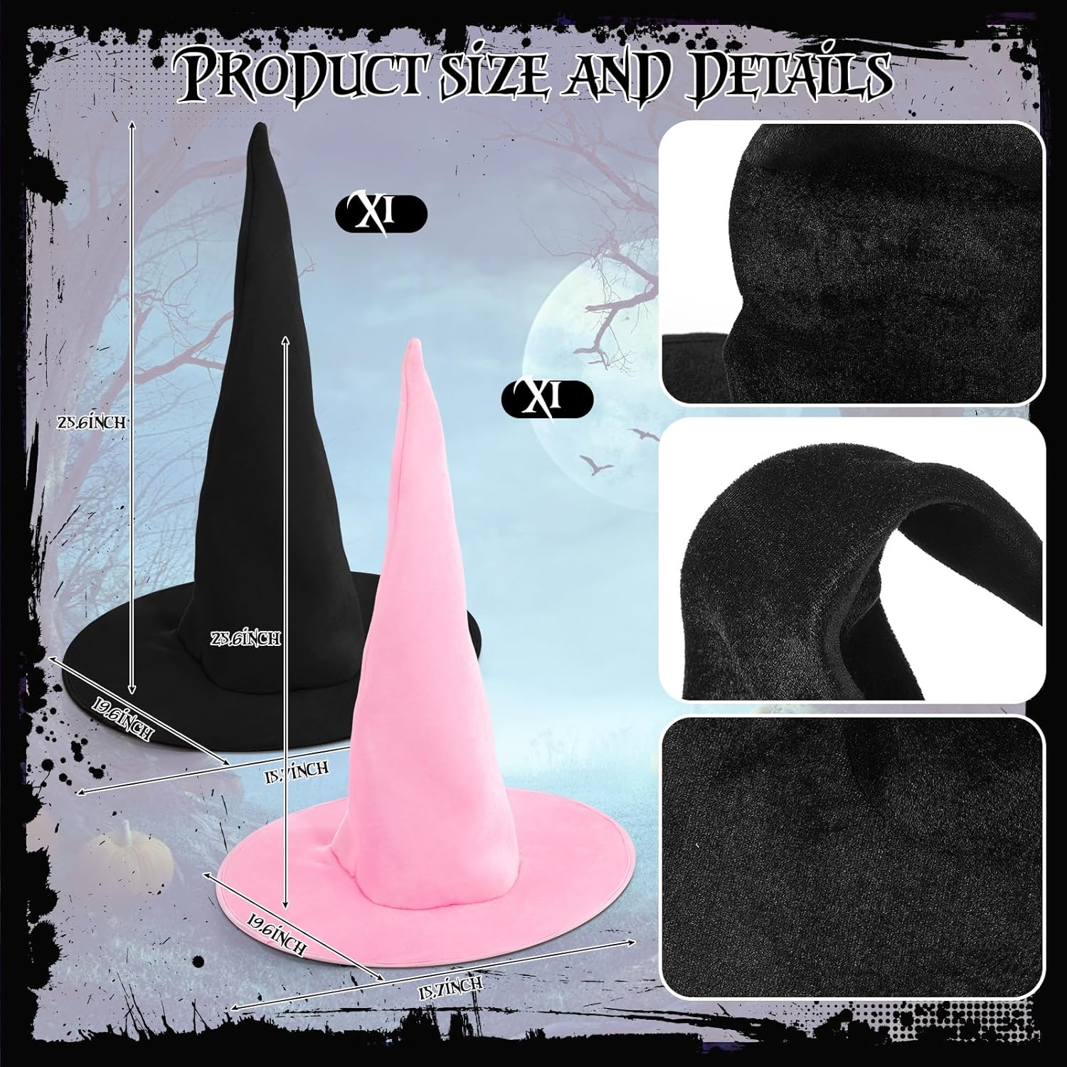 JenPen 2 Pcs Large Witch Hat for Women Oversize Velvet Ruched Wizard Wide Brim Hat Masquerade Party Cosplay - Image 2