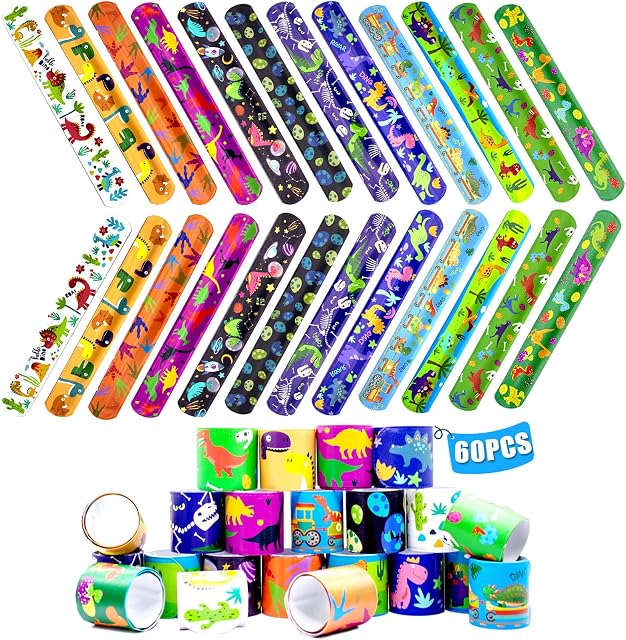 60 PCS Slap Bracelet for Kids Party Bag Fillers, Cute Dinosaur Wristbands Fun Boys and Girls Snap Bands Bulk Vinyl Rolls for Birthday Gift Goodie Bag Flavors School Classroom Little Toys