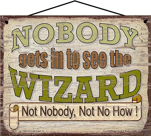 Letrero de estilo vintage de 8 x 10 pulgadas, con texto en inglés Nobody Gets In To See The Wizard Not Nobody Not No No No How  Witty Movie Cit Fun