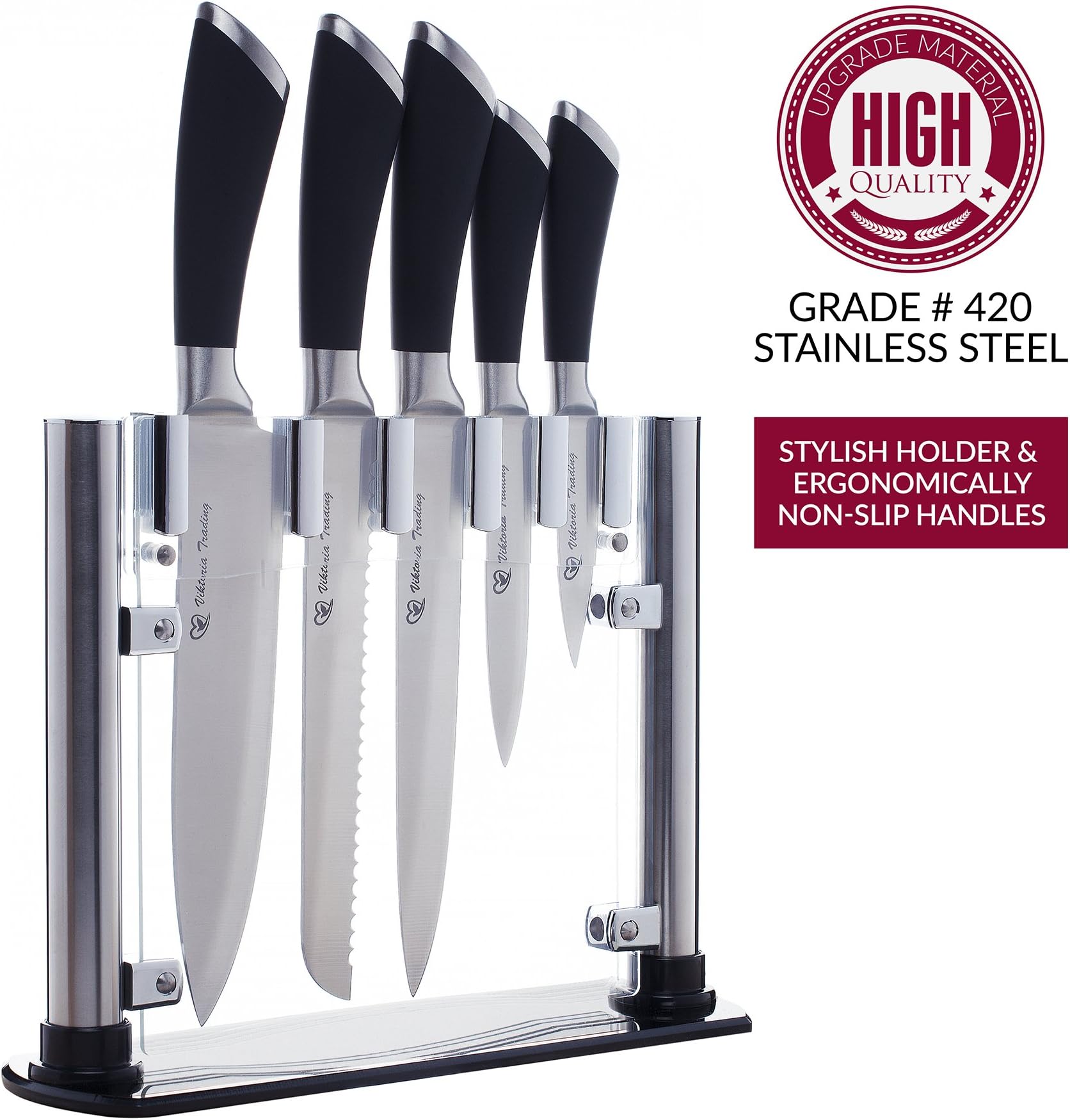 Kitchen Knife Set with Knife Block - Ultra Sharp Chef Knife Set - Premium Quality Cooking Knives with Ergonomic Rubber Handles - Stainless Steel 6 Piece Cutlery Knife Set with Stylized Acrylic Stand