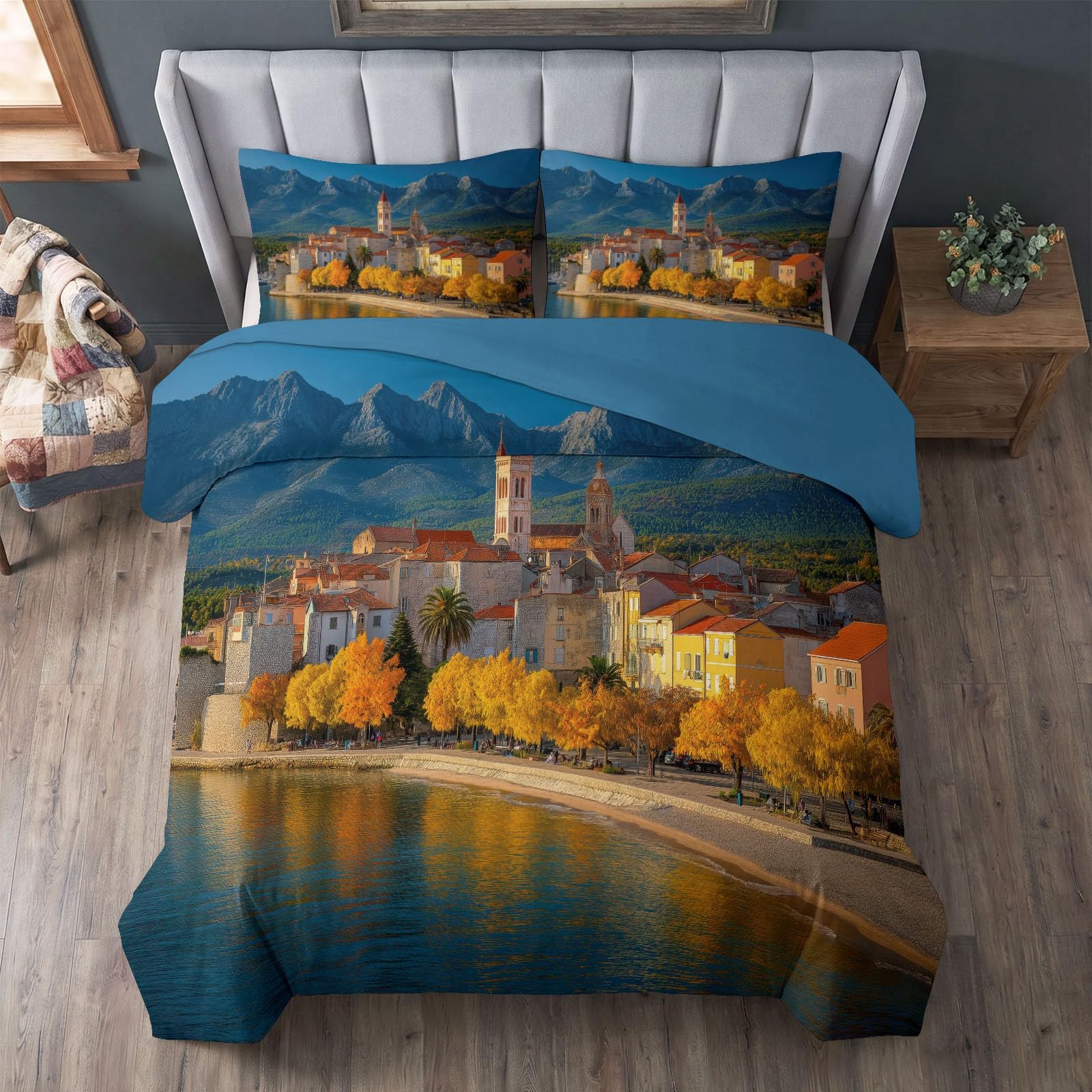 Generisch Bettwäsche Set 3-teilig 200 x 200 cm, Mediterran Vintage Kinderbettwäsche Mikrofaser mit Reißverschluss - Bettbezug Kleinstadt Strand für Jungen Mädchen Hellblau Bettwaren