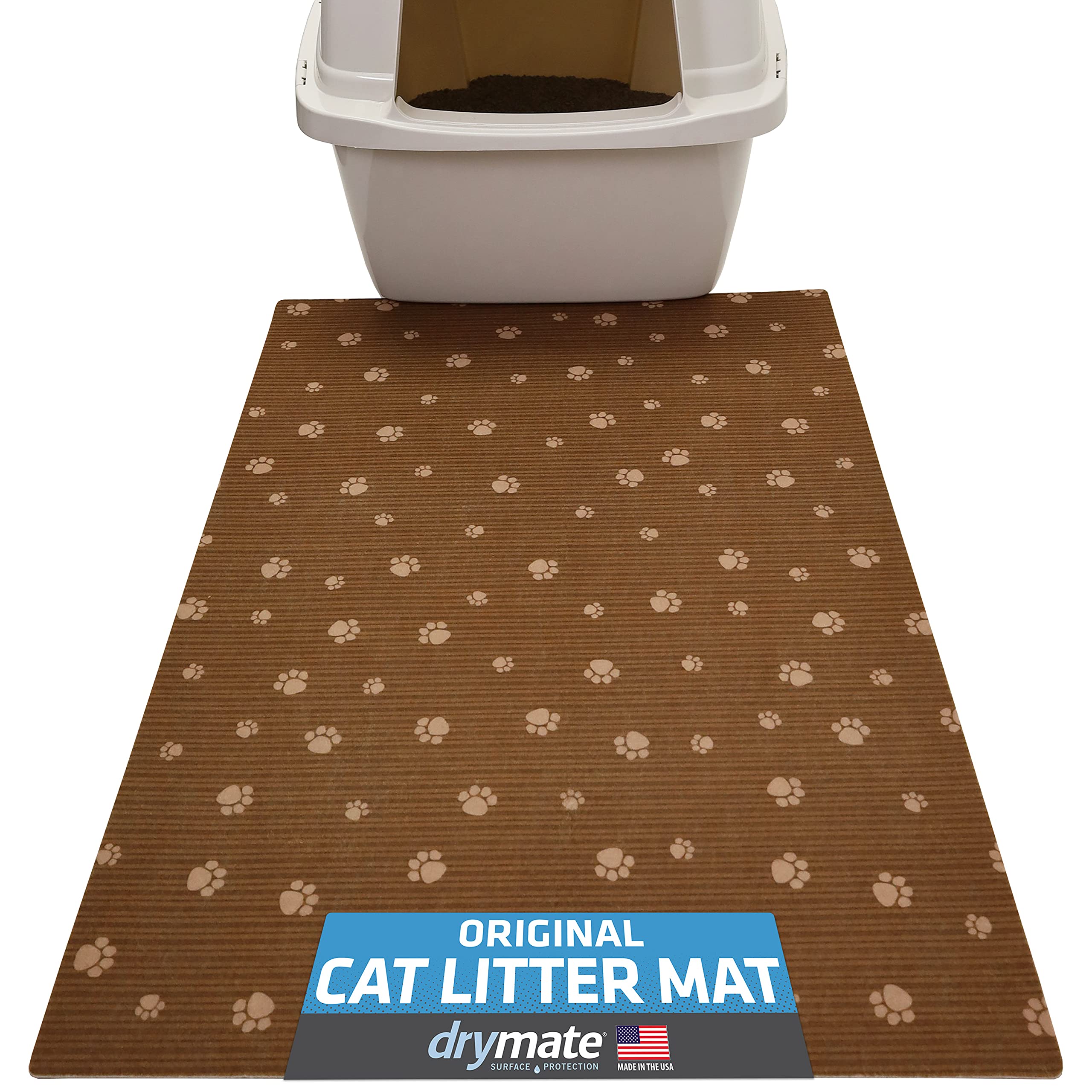 Drymate Original Cat Litter Mat, Contains Mess from Box for Cleaner Floors, Urine-Proof, Soft on Kitty Paws -Absorbent/Waterproof- Machine Washable, Durable (USA Made) (20”x28”)(BrownStripeTanPaw)