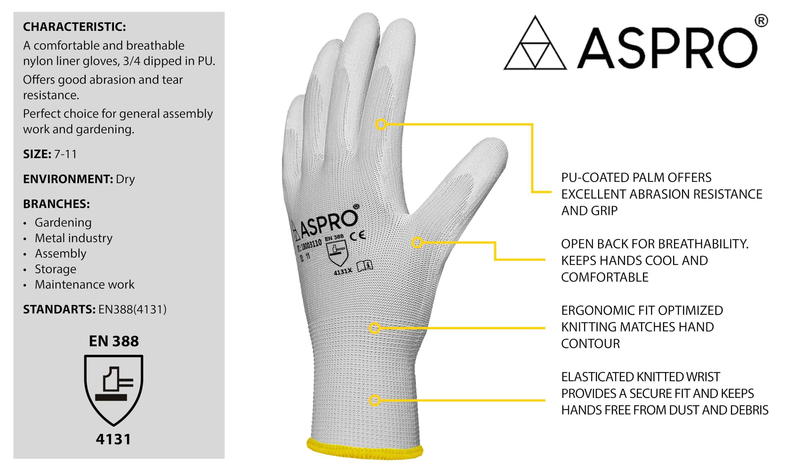 10 works - Size S(7) - White Nylon PU coated work gloves for builders gardeners, etc - By ASPRO (10 works, SMALL (size 7)) - Image 2