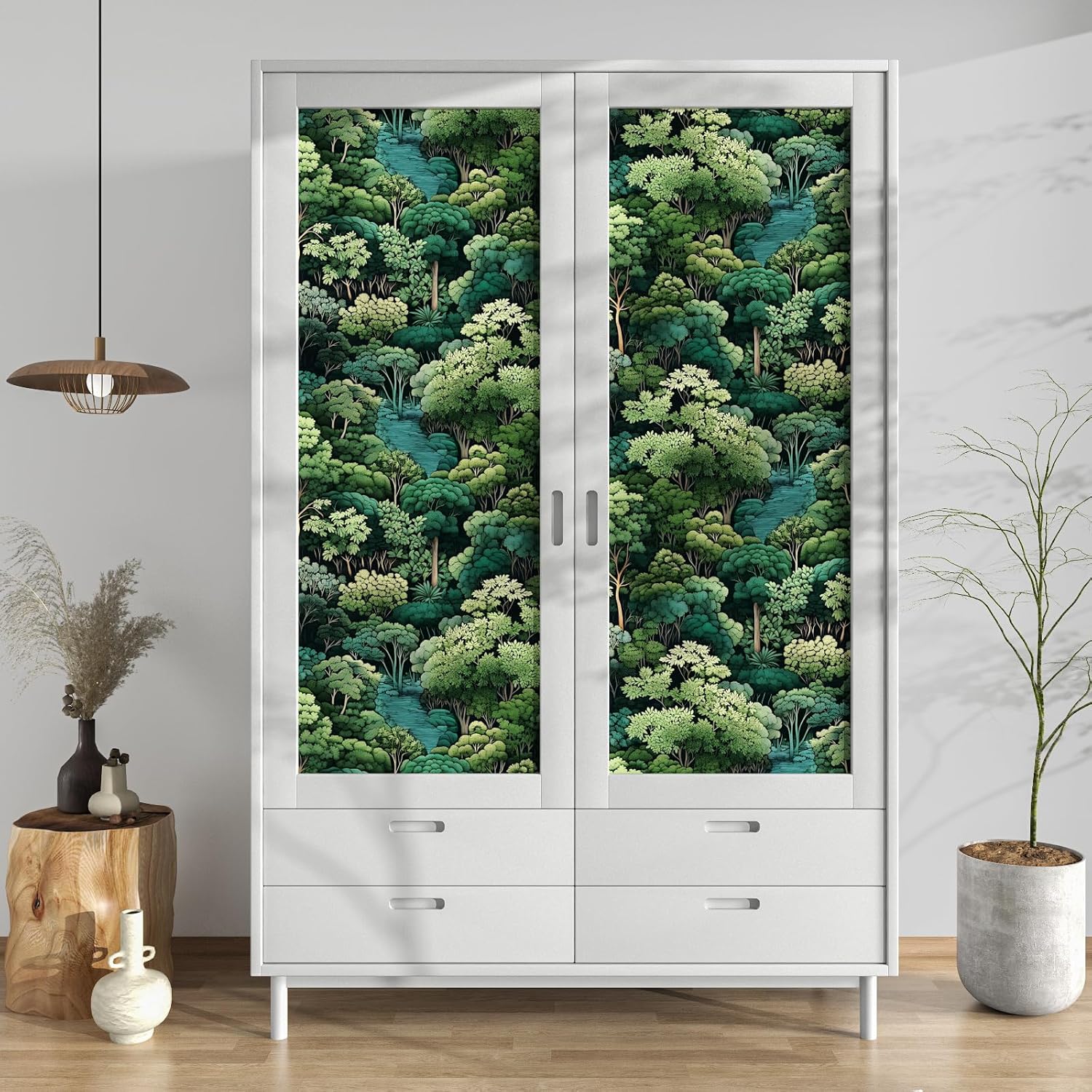 Green Wallpaper Peel and Stick, Forest Trees Contact Paper 17.5" x 393.7", Woodland Mountain Vintage Botanical Wall Paper Self Adhesive Waterproof Removable for Room Shelves Cabinet Drawer Table Decor