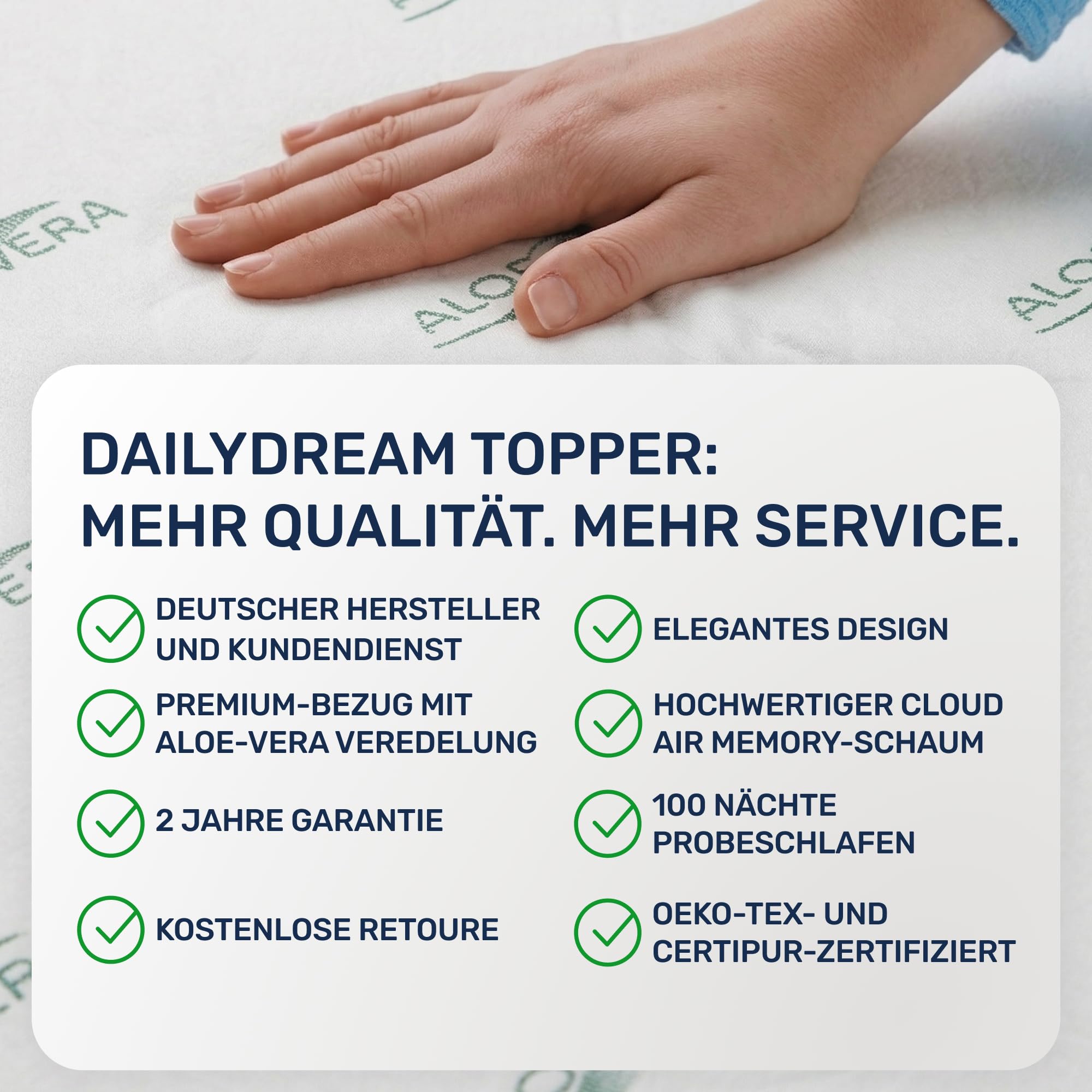 Dailydream Topper 140x200cm aus Memory Foam, 5 cm hoch | Edition Aloe Vera, H1/2, weicher Matratzentopper mit waschbarem Bezug, Noppen und elastischen Bändern.