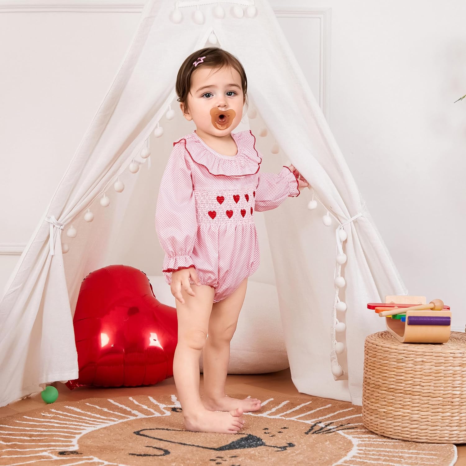 My First Valentines Baby Girl Outfit Newborn Heart Smocked Bubble Romper Bodysuit Cute Valentines Spring Clothes - Image 2