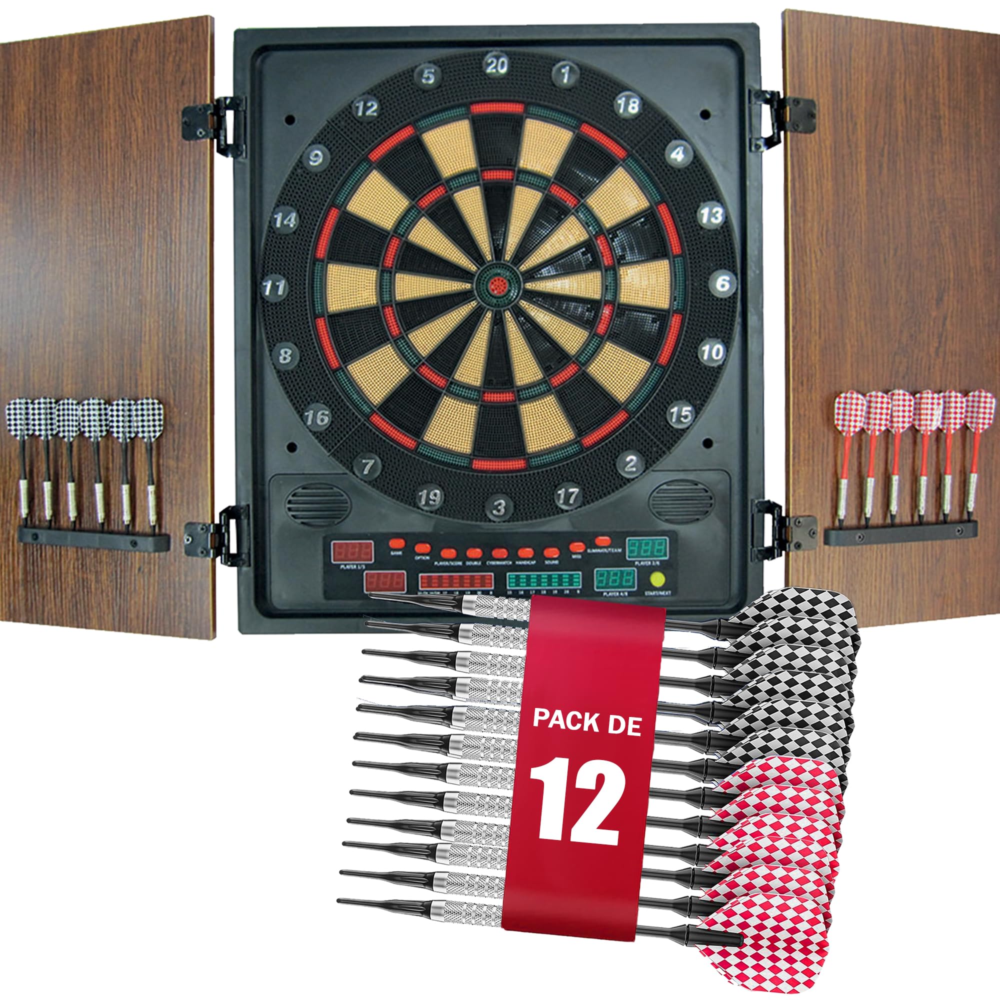 Diana Electrónica Eros | Diana con Puertas de Madera y Pantalla LED | 27 Juegos y 202 Variaciones | Multijugador hasta 8 Jugadores | Incluye 12 Dardos y Adaptador