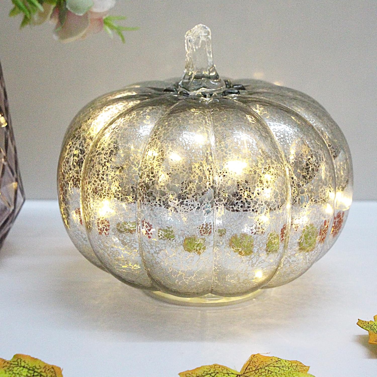 Mercury Glass Pumpkin Light with 6hours Timer Set of 4, with 10 Fairy Lights Inside, Battery Operated Led Pumpkin Lamp, Ideal for Halloween Fall Decoration, Thanksgiving Rustic Decor, Xmas Décor