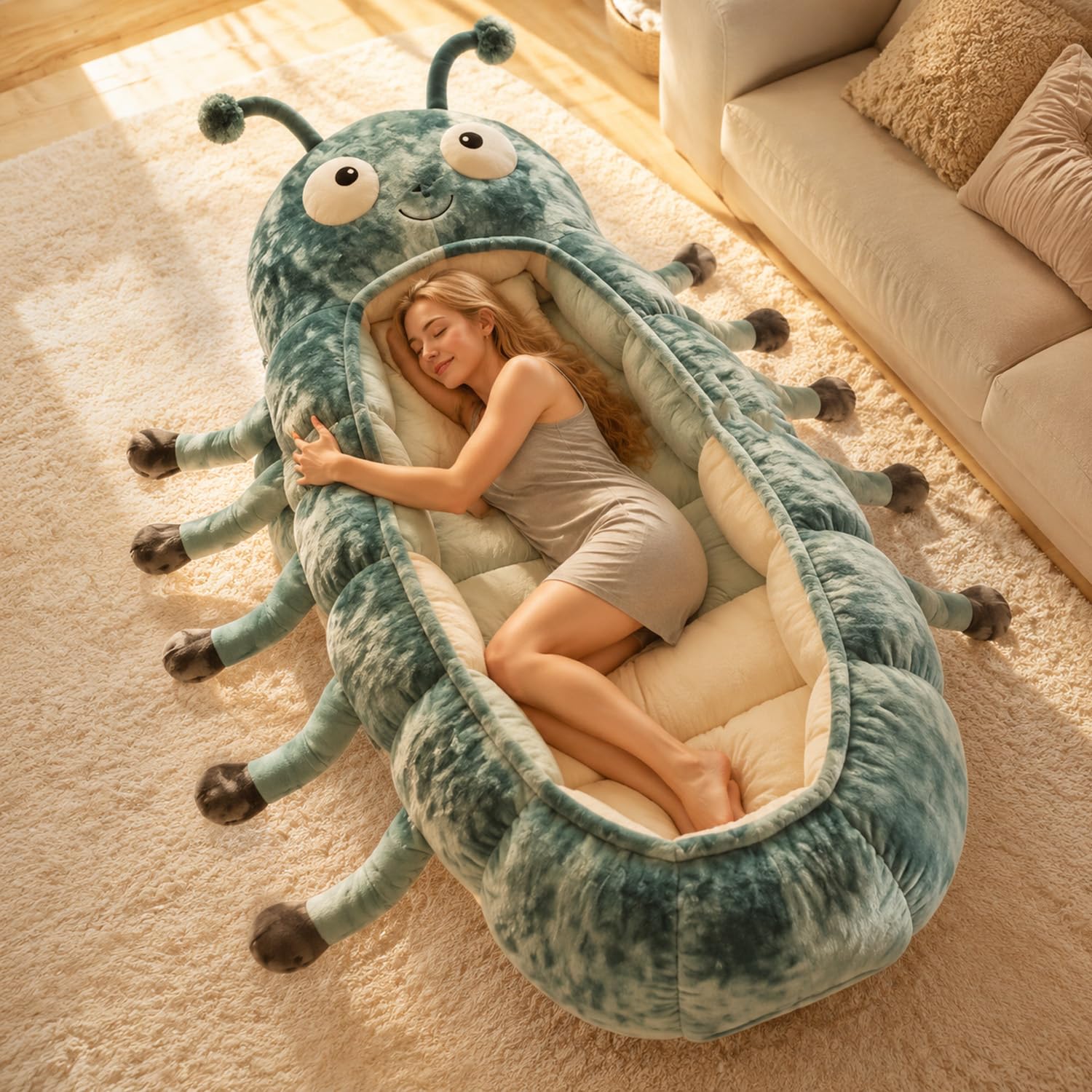 Caterpillar - Saco de dormir de felpa súper suave, forma de capullo de una pieza, plegable, portátil para casa, viajes, camping, bonito diseño de animales (90 pulgadas de longitud)