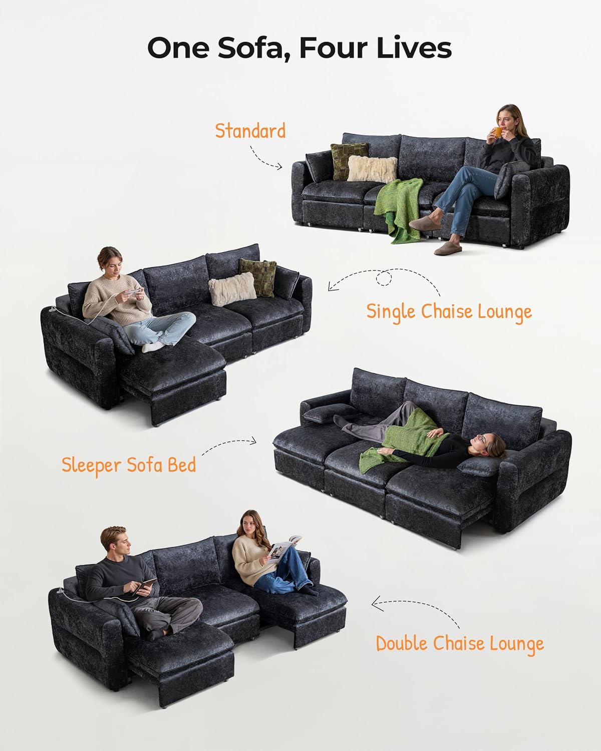103" Electric Pull Out Sleeper Sofa Bed, 2in1 Convertible Power Extendable Couch Bed with Fast Charging USB&3 Smart Motor&Wide Back, Oversized Couches for Living Room&Small Space, Velvet Dark Grey | Electric Extendable, Stepless Adjustment, Fast-Charging Port, 10.2" Wide Backrest, Zero-Wall