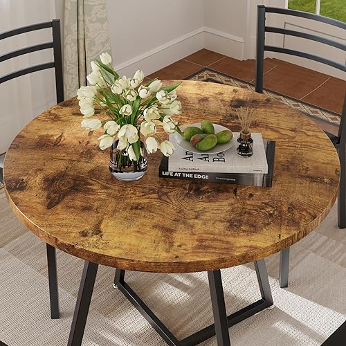 Miniatura 6 de VECELO Mesa redonda de comedor con mesa de grano de madera y marco de acero, para cocina, sala de estar, oficina, conferencia, 2 a 4 personas,