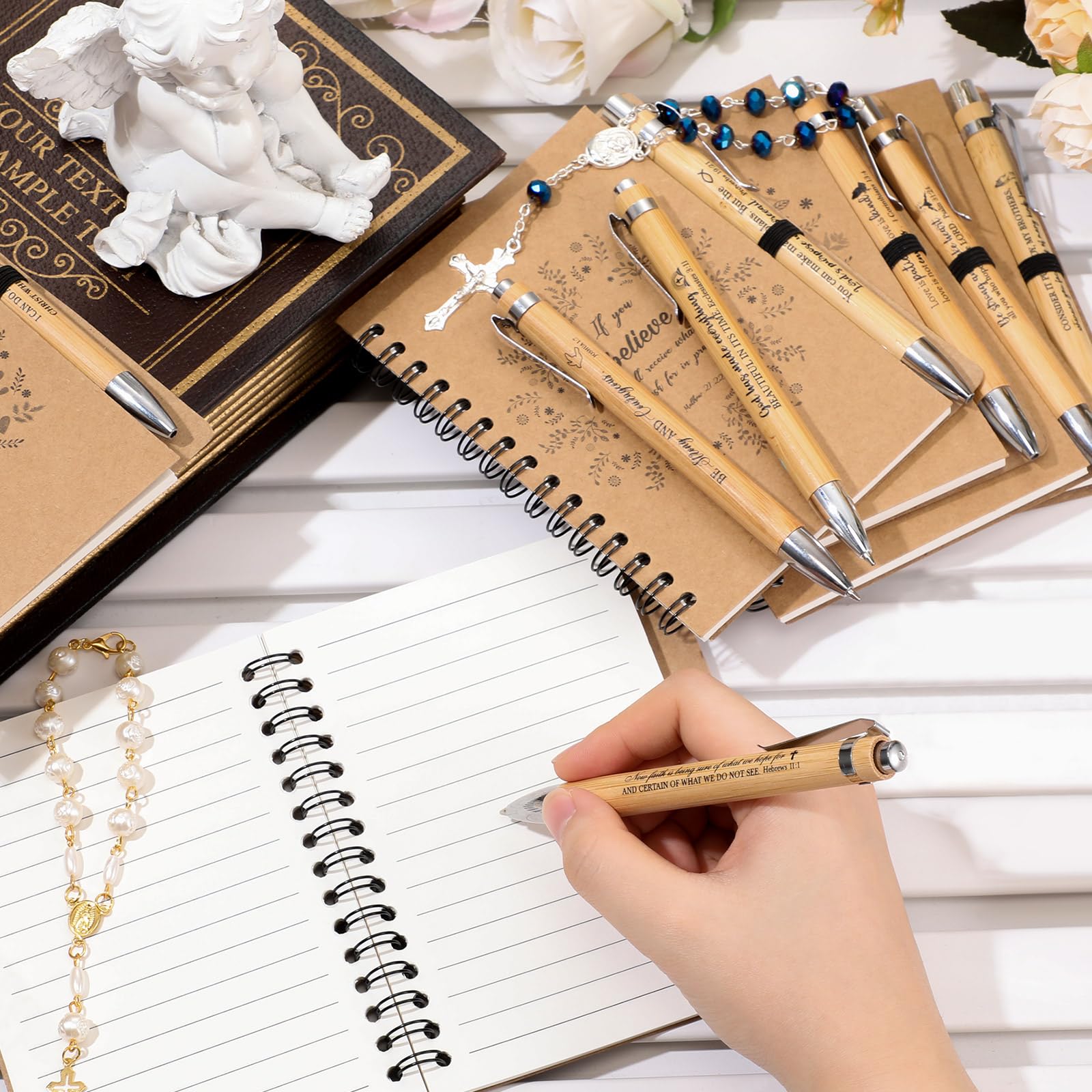 Gueevin 36 Sets Christian Gift Bulk Inspirational Notebooks and Motivational Bamboo Pens Set Include Scripture Notepad Spiral Verse Prayer Journal and Bible Bamboo Ballpoint Pen for School Church
