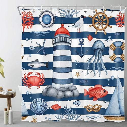 LB Cortina de ducha náutica para baño, divertida vida marina y faro, velero, cortina de ducha con ganchos, juego de cortina de baño a rayas azul