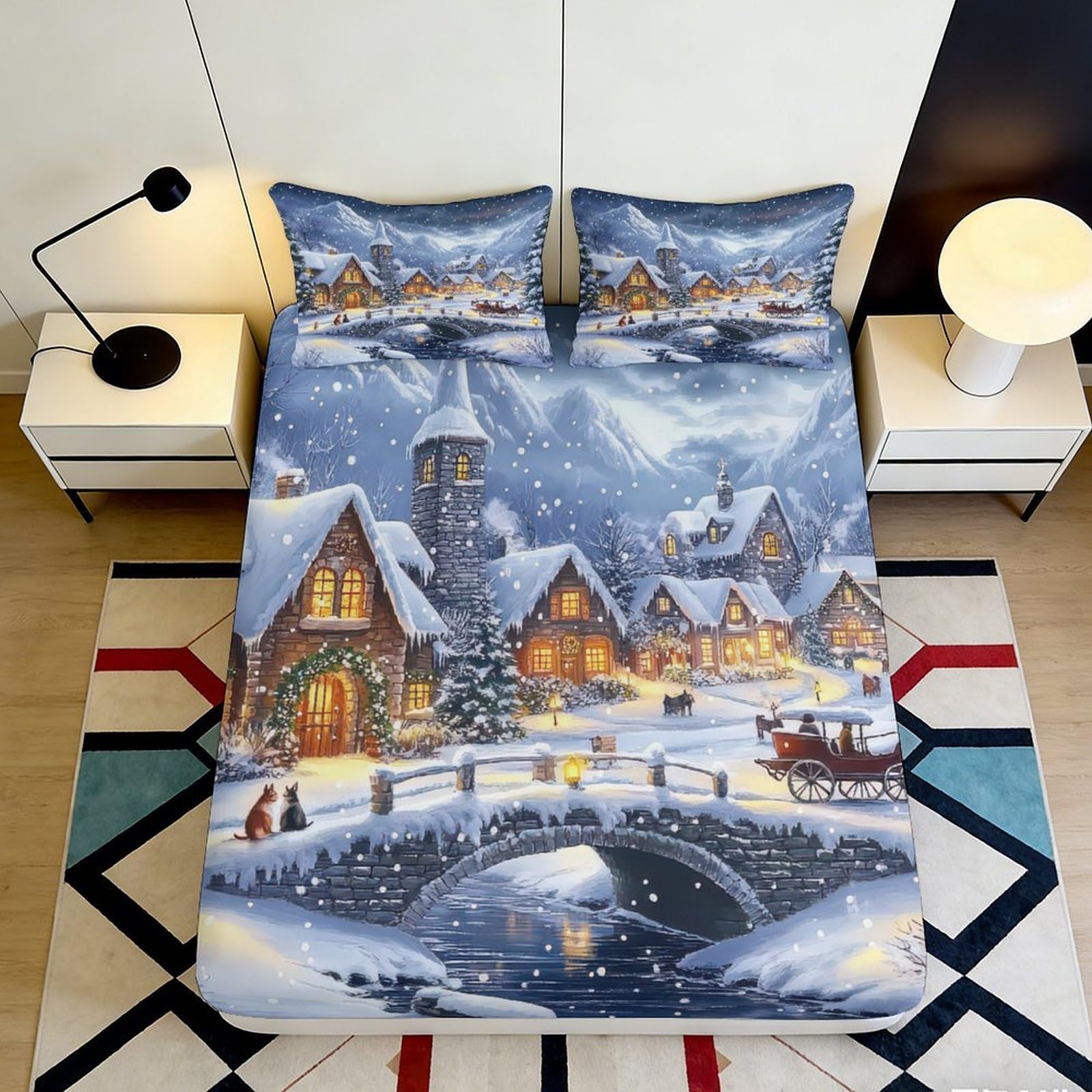 3D Printed Winter Village Fitted Sheet Microfiber Soft Snow Landscape Bed Cover for Bedroom Guest Room Decor 90x200x25cm