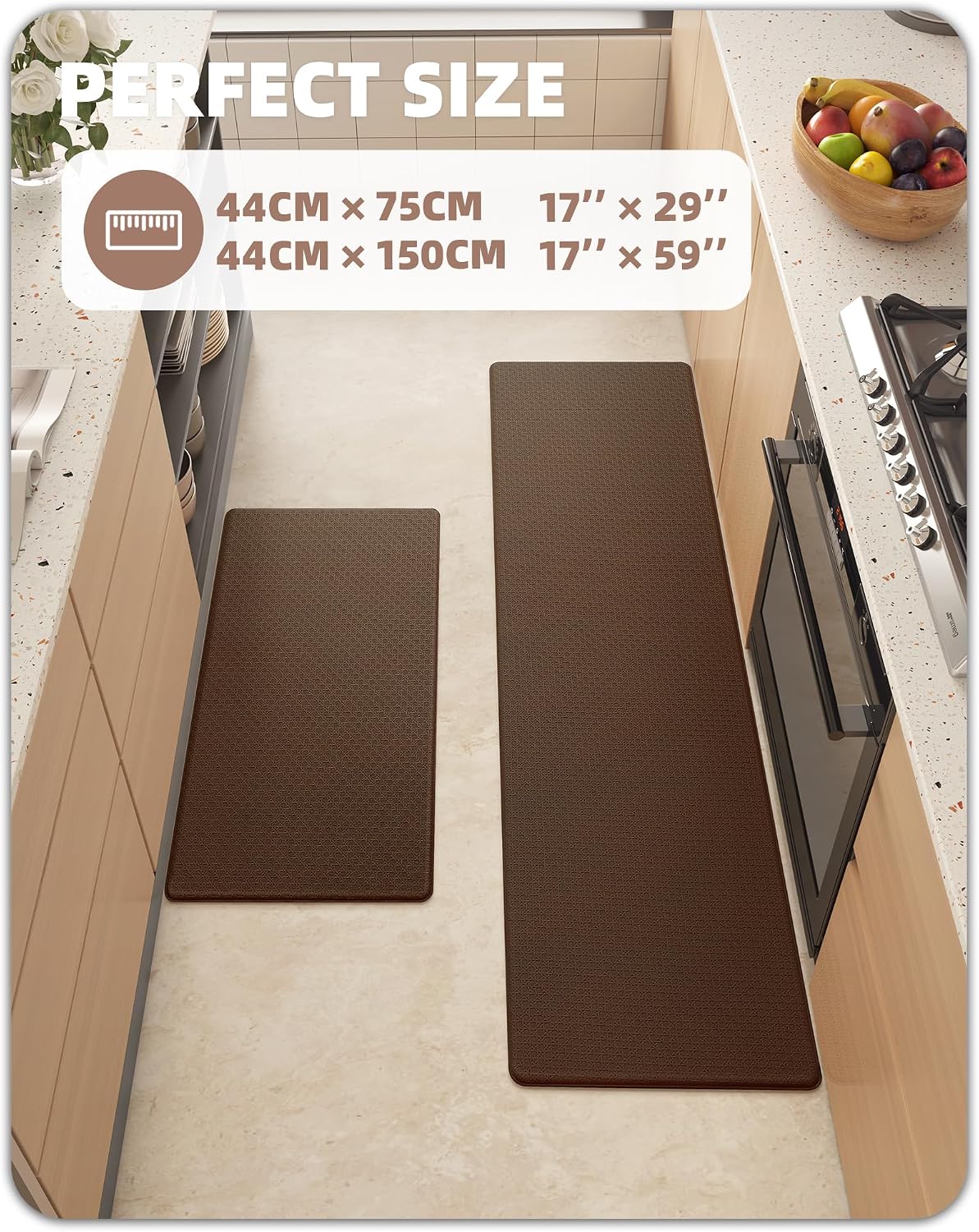 Color&Geometry Kitchen Rugs 2PCS Kitchen Mat Anti Fatigue Mats for Kitchen Floor, Non-Slip Kitchen Floor Mat, Waterproof Memory Foam Standing Mat for Kitchen, Sink, Office, Brown