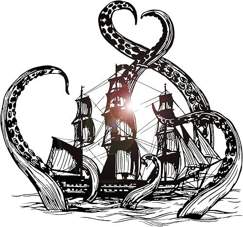 Adhesivos de pared de vinilo grande Kraken Octopus Ship Nautical Ocean Teen Room Pegatinas (ig3640) Negro mate