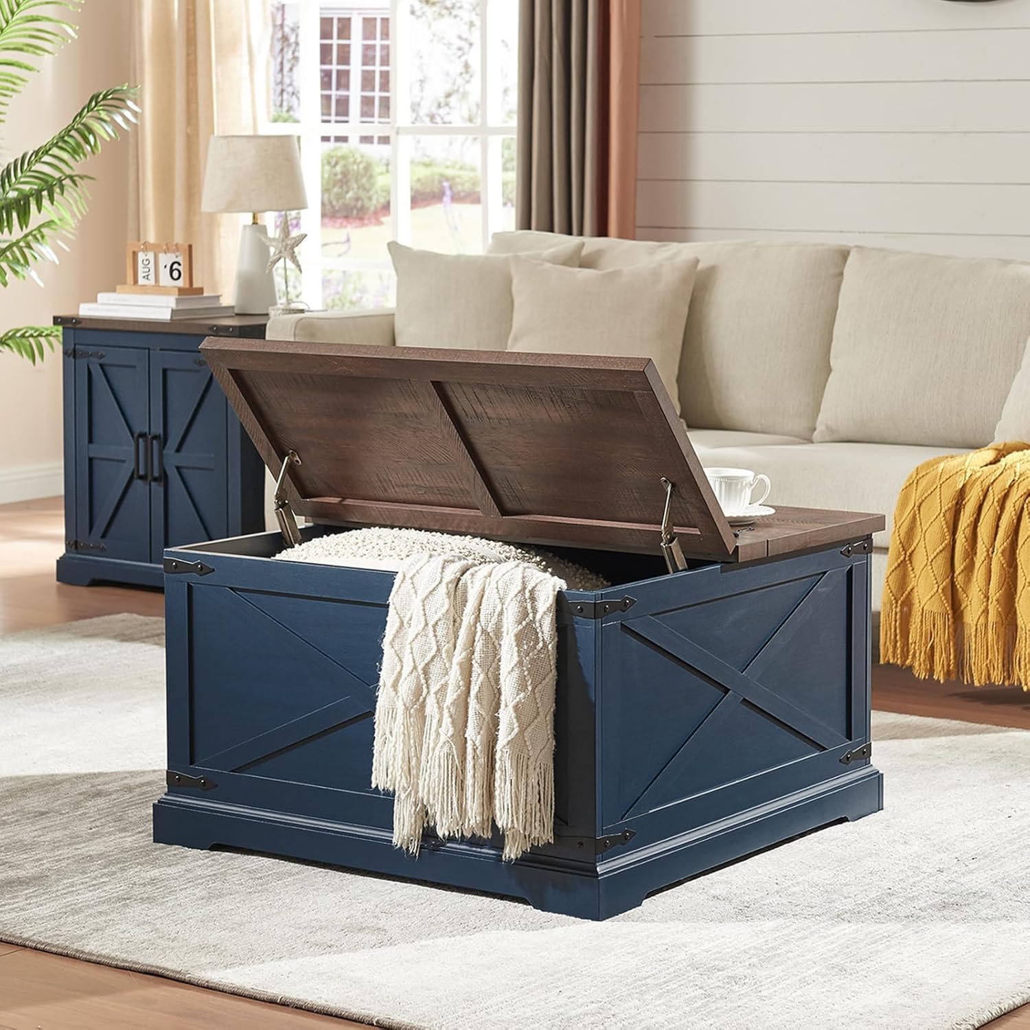 Farmhouse Square Coffee Table with Storage, Wood Center Table with Hinged Lift Top, Rustic Cocktail Table with Large Hidden Storage Compartment for Living Room, Bedroom,Navy Blue