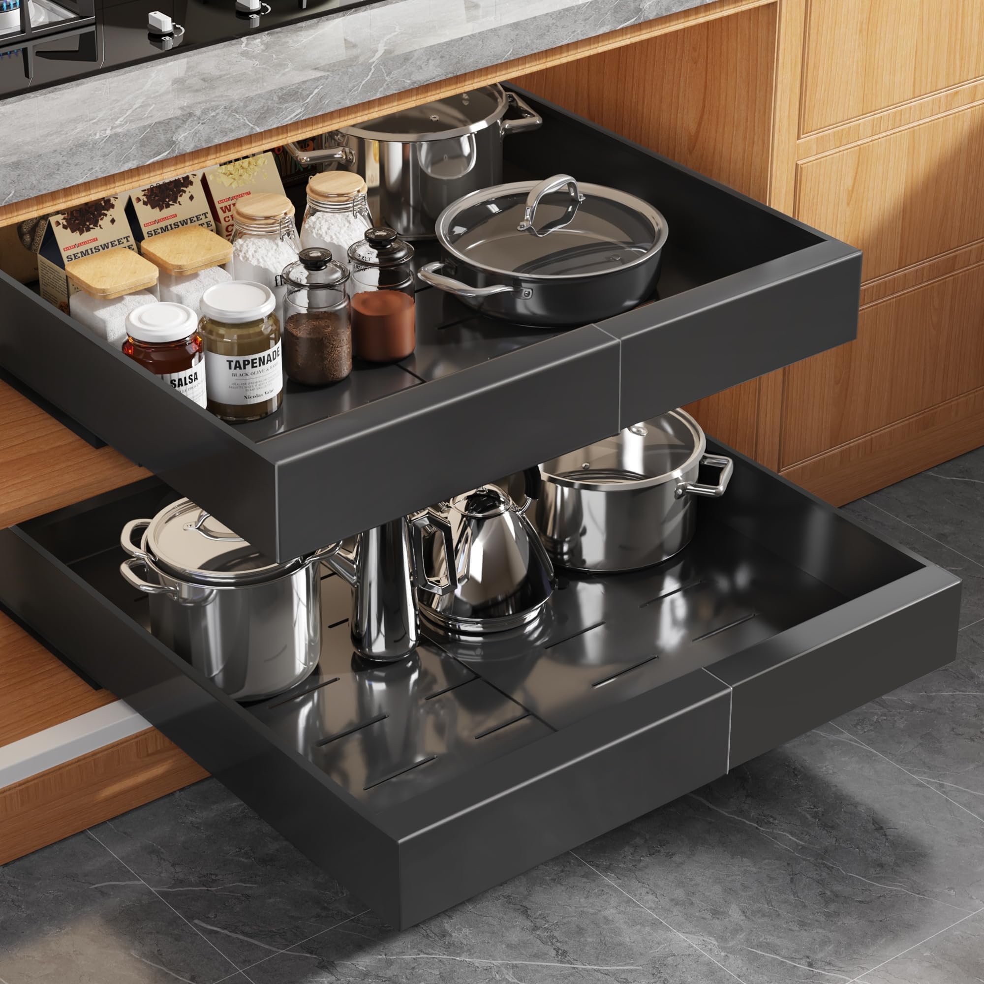 2Pack Expandable Pull Out Cabinet Organizer 21"Deep with Raising Pad for Framed Cabinets, Upgrade 3 Slide Rails Slide Out Drawers, Roll Out Shelves Adhesive,Adjustable Width 12.05"-20.4"Black