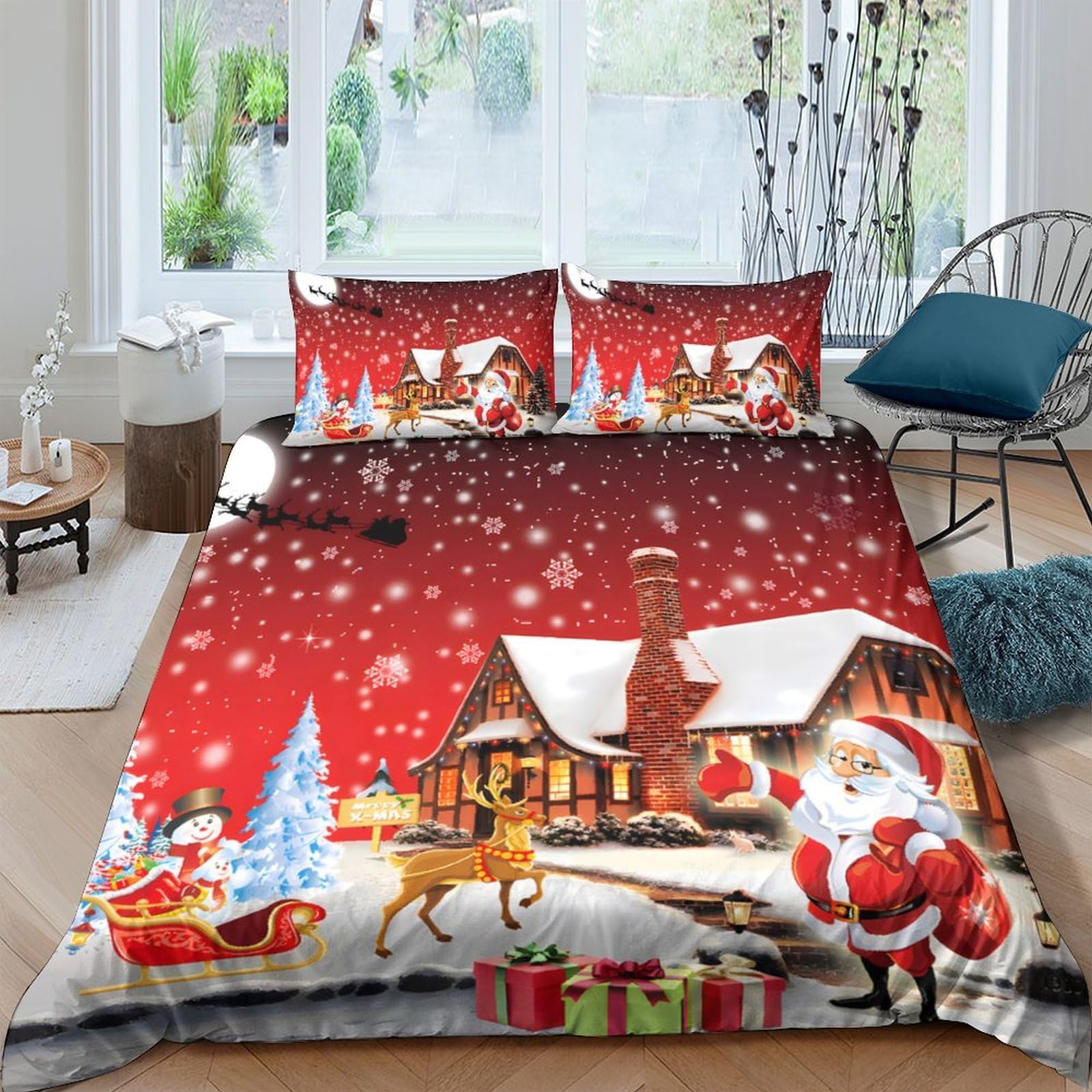 Ctjqhvkz Style-5 3D Printed Christmas Santa Fitted Sheet Microfiber Soft Red Snow Village Bed Cover For Bedroom Dorm Decorative Single（135X200cm）