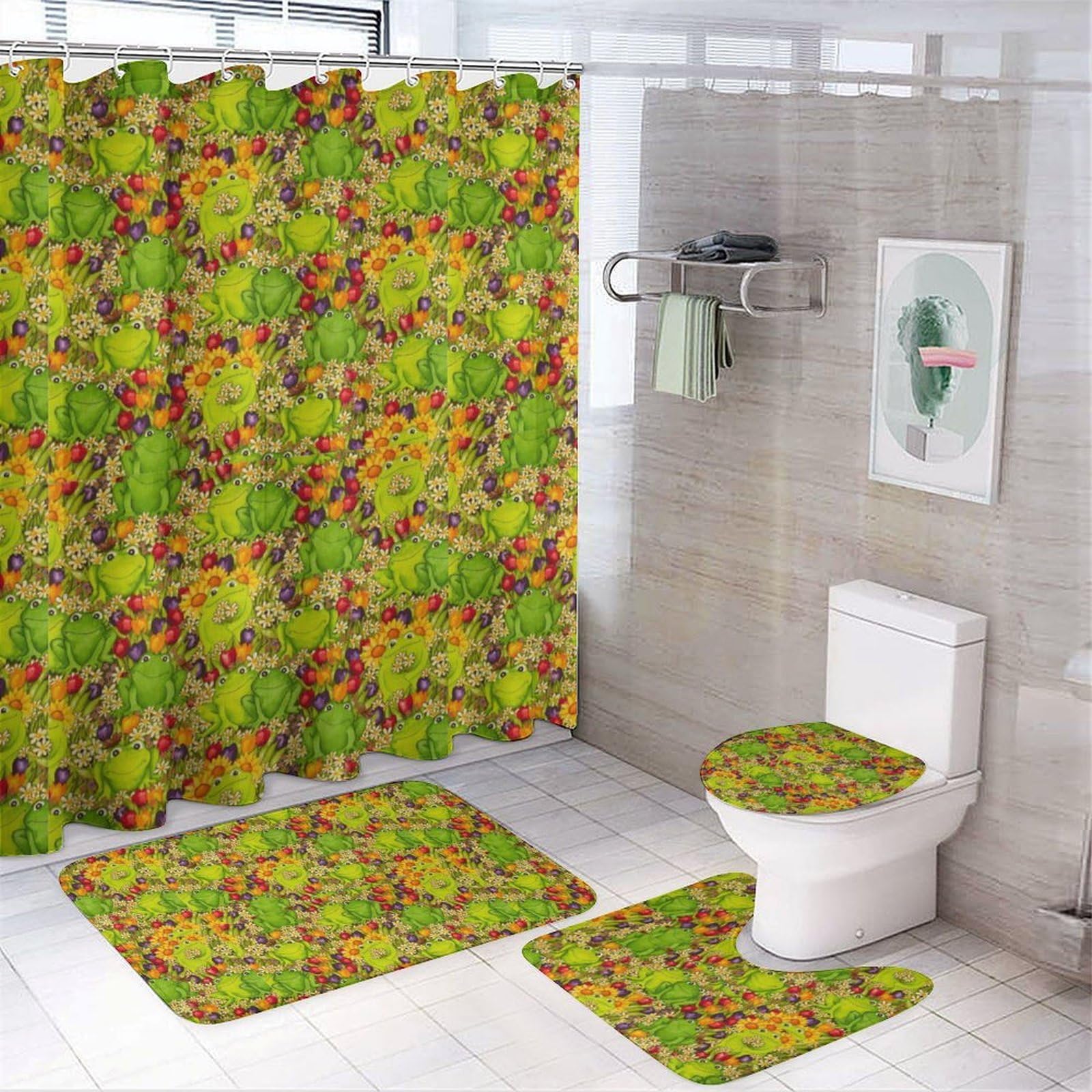 JZemdybill Bathroom Mat Set 4 Piece, Frog Shower Curtain with Non-Slip Bath Mats for Bathroom