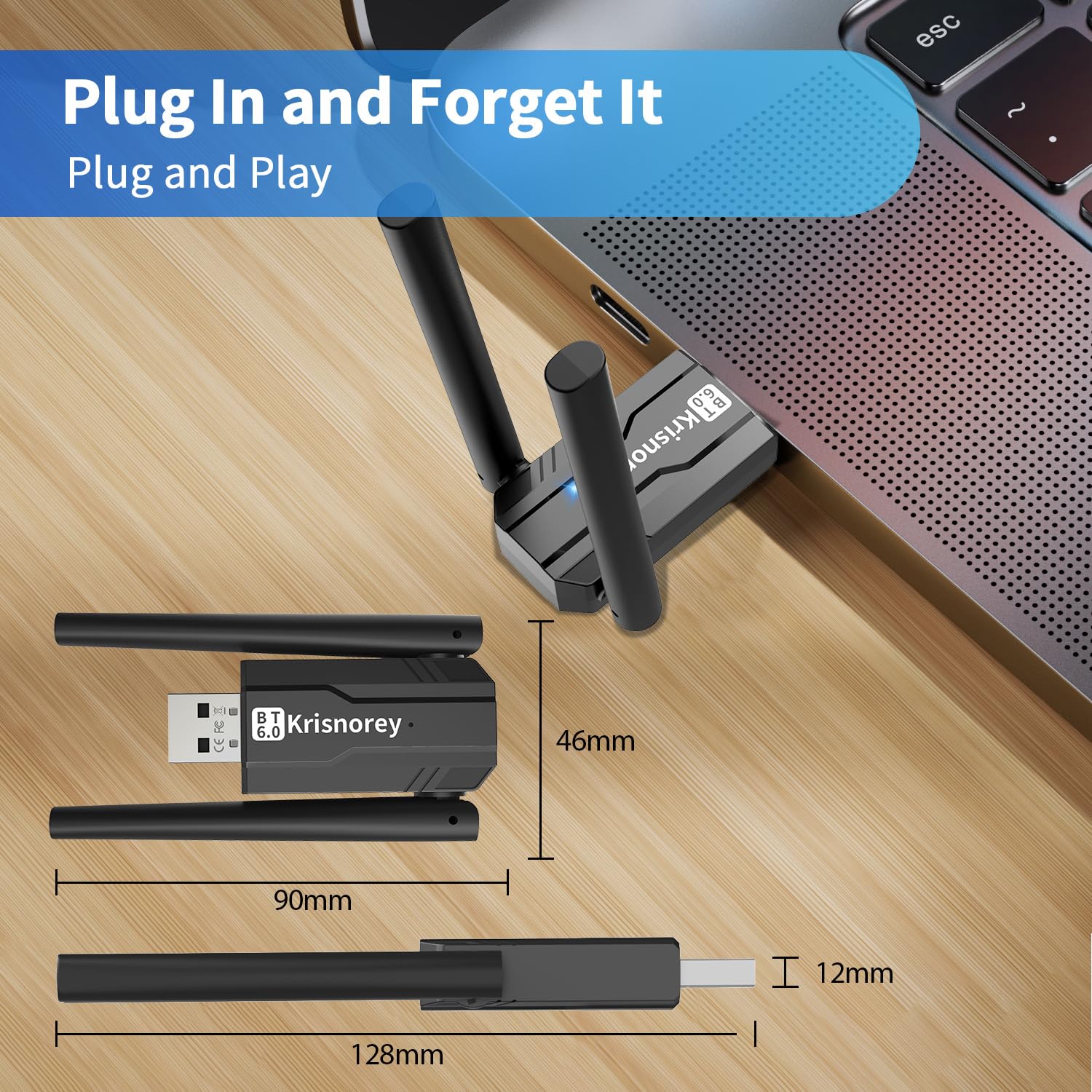 Long Range USB Bluetooth 6.0 Adapter for PC, Built-in PA Enhanced 5dBi High Gain Wireless Dongle w/Dual Antennas, Supports Windows 11/10/8.1/7 Laptop Desktop, NOT For TV, Mac, Car Stereo — view 9