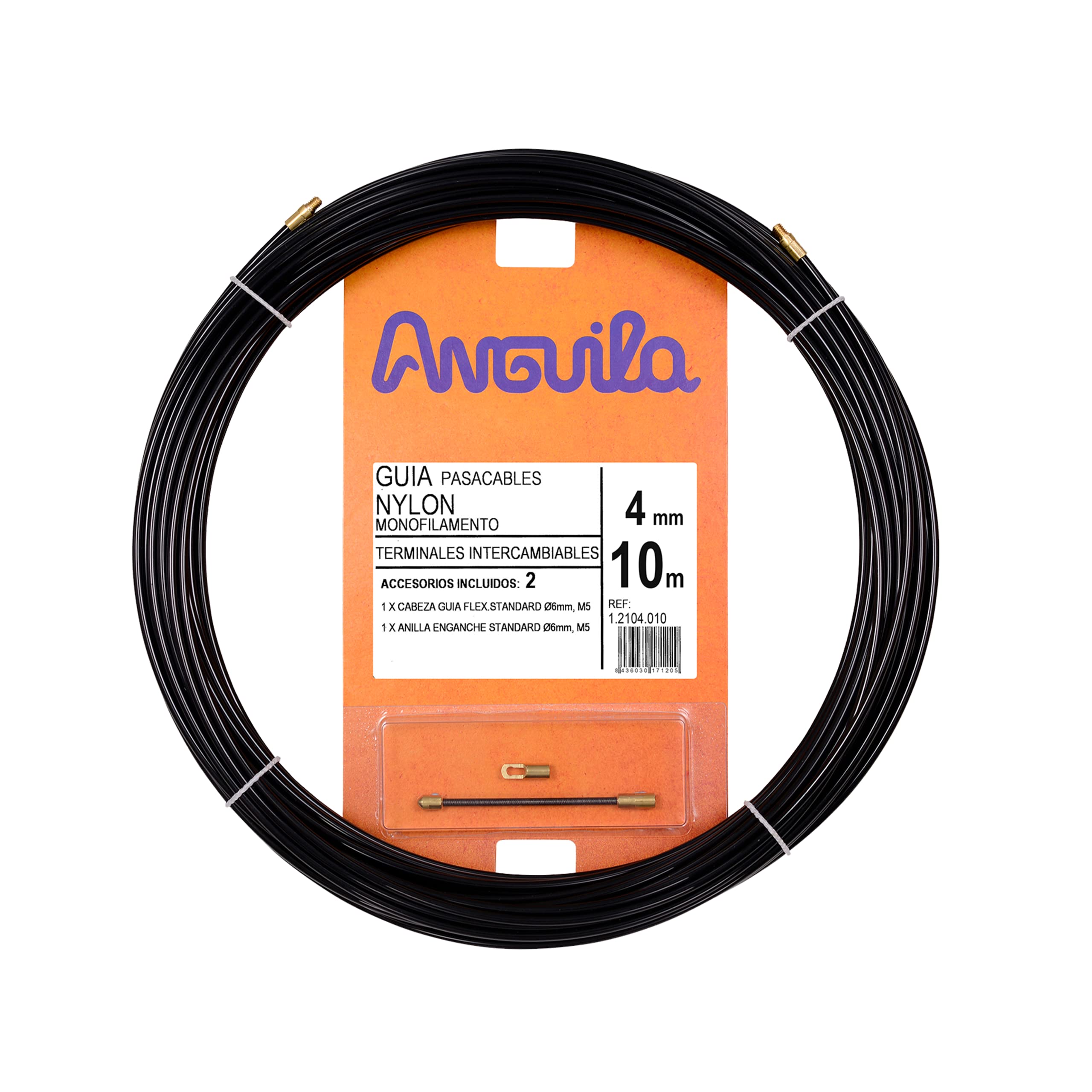 Anguila - Nylon Single Fiber Cable Puller, 10 m, Diameter 4 mm, Replaceable End Pieces, Black, 10 metres