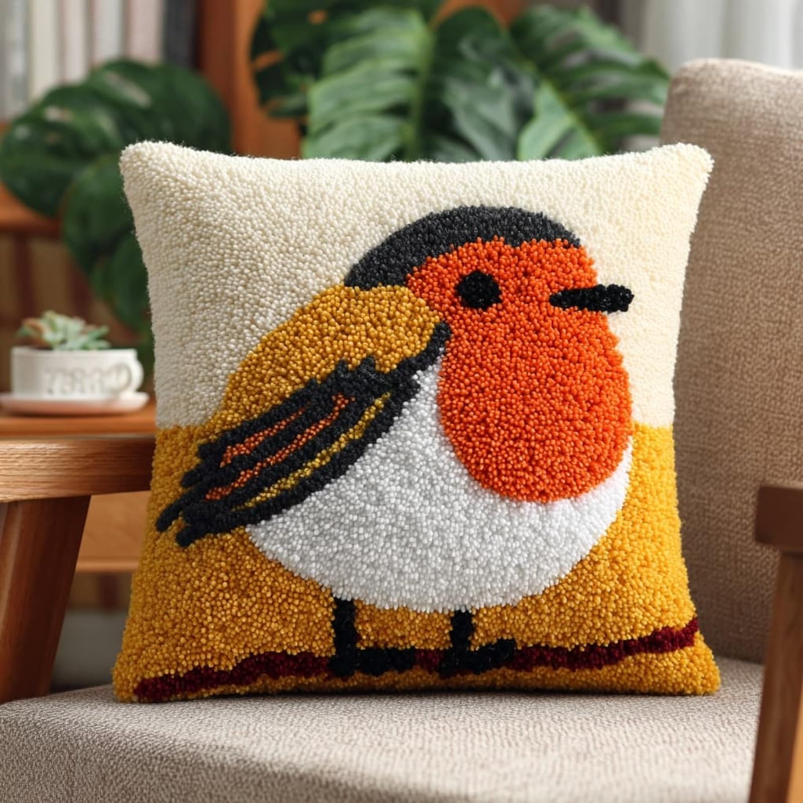 Henypt 17x17 Inch Latch Hook Kit,Robin DIY Tapestry Rug Craft,Needlework Cushion Set,Pre-Cut Yarn & Printed Canvas Kit for Home Wall Decor