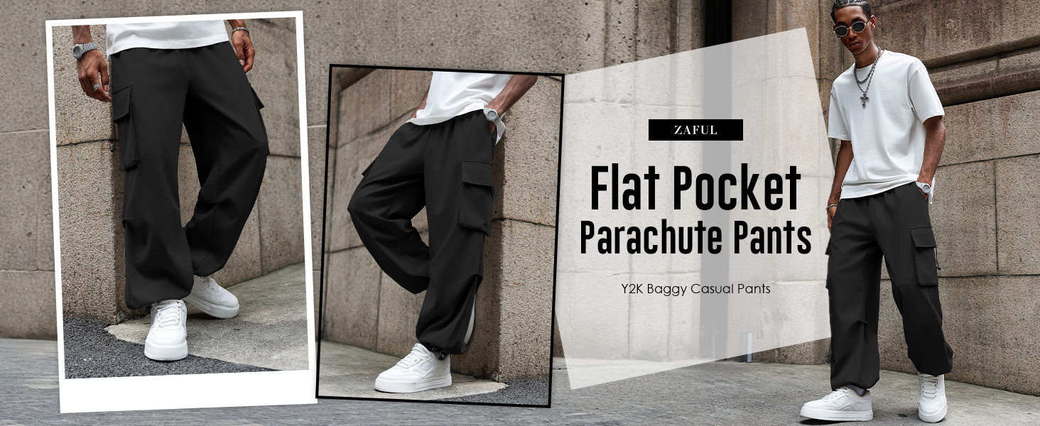 ZAFUL Flat Pocket Parachute Pants for Men Causal Baggy Cargo Pants