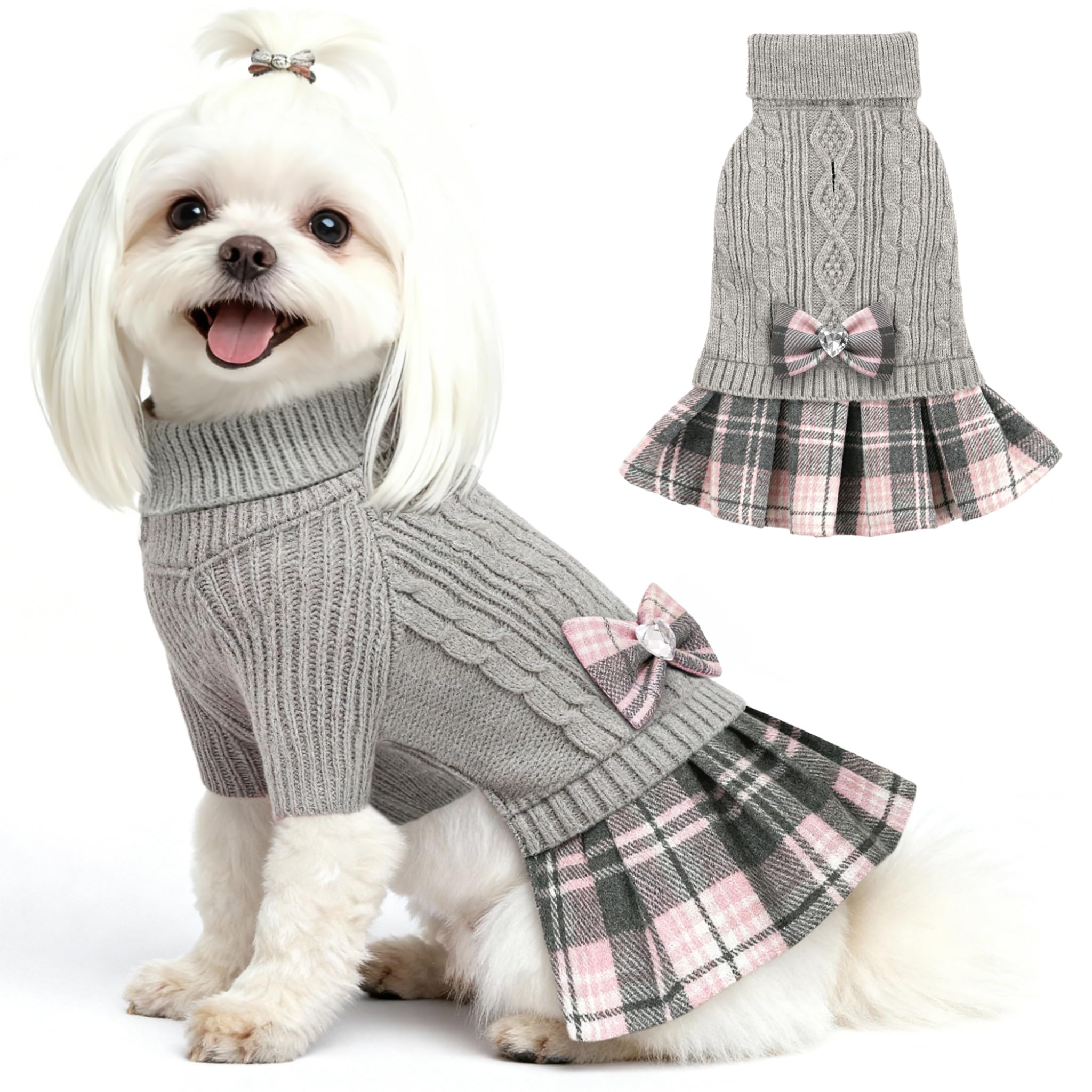 YUDODO Small Dog Sweater Dress for Dogs Girl with Bowtie Turtleneck Knitted Pet Dress Dog Winter Clothes Warm Sweaters for Puppy Yorkies Chihuahua