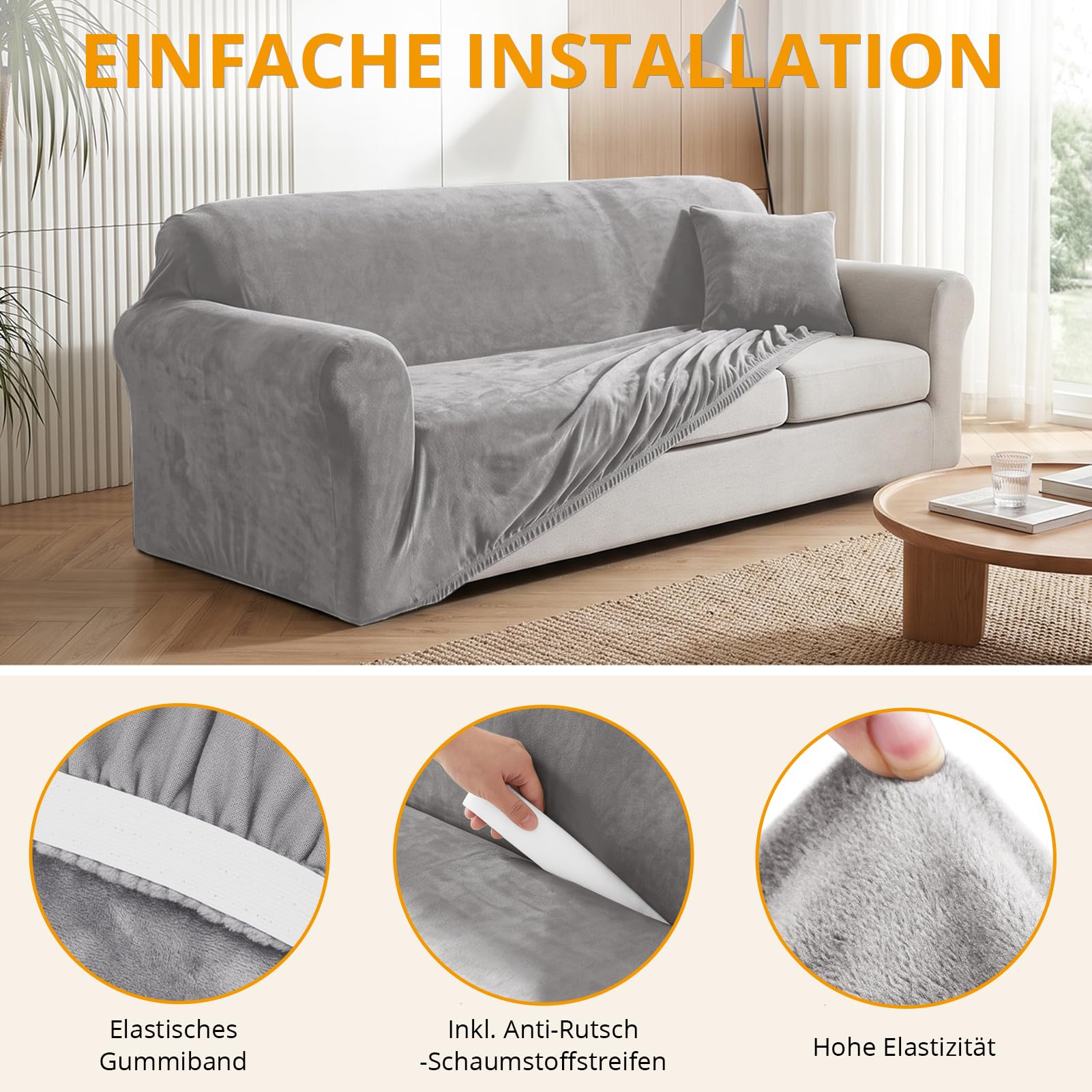 Samt Sofa Überzug 3 Sitzer, Stretch Couchbezug Silbergrau, 1 Stück | Dicker Plüsch Sofabezug, Elastisch, Superweich & Atmungsaktiv für Haustiere, Wohnzimmer (L-Form Ecksofa erfordert Zwei)