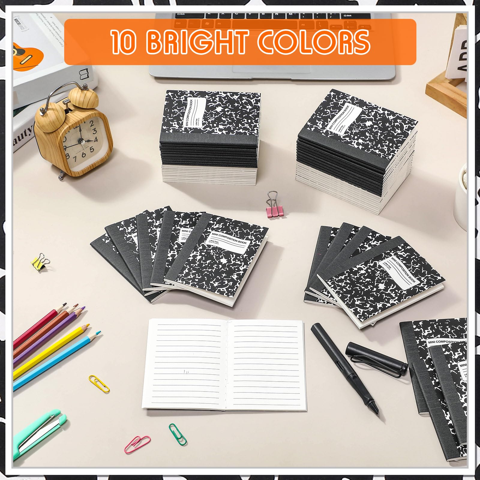 Fainne Confezione da 100 mini quaderni per composizione, 11,4 x 8,4 cm, piccole composizioni a righe strette, blocco note in marmo, per studenti, scuola, università, ufficio, 60 pagine (nero)