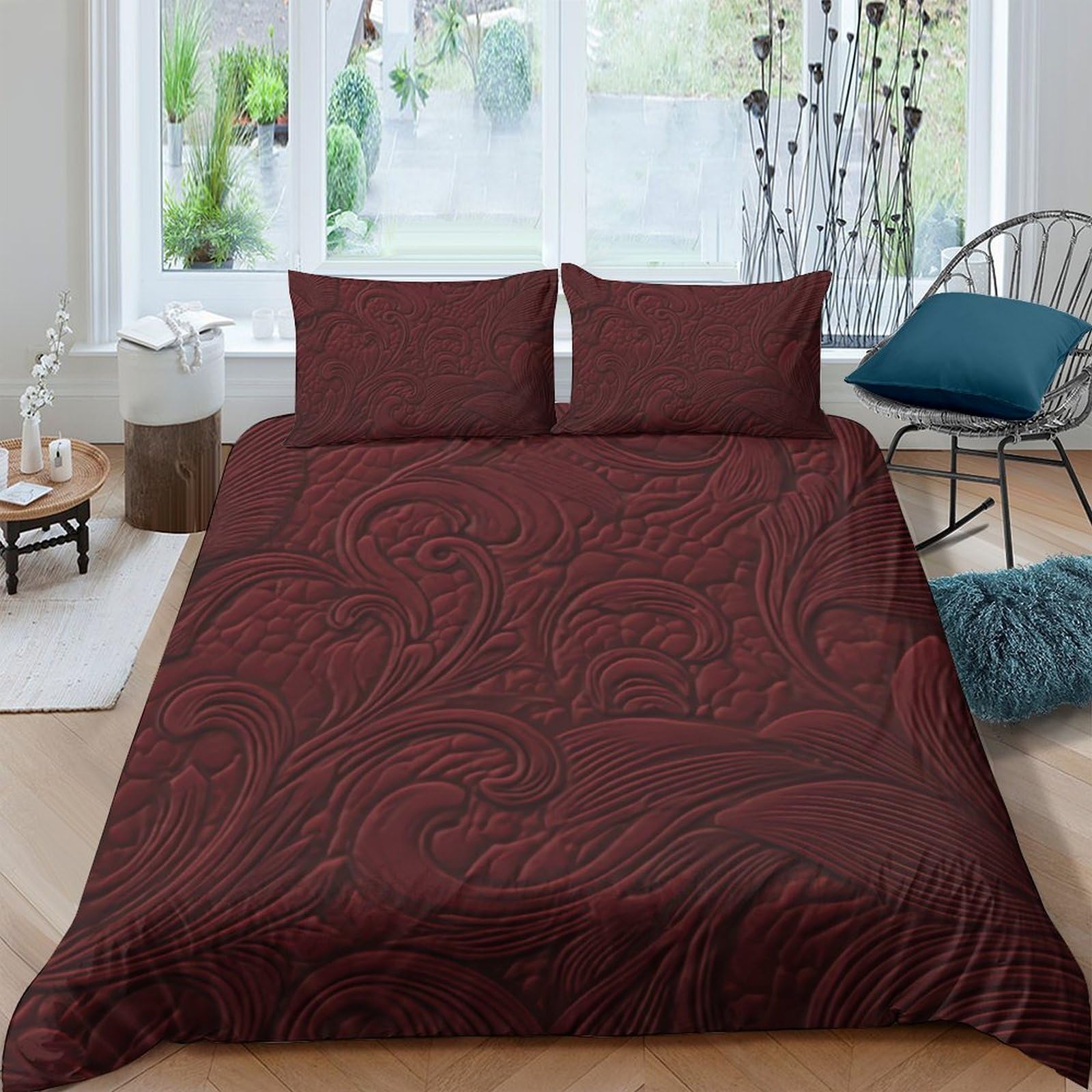 Ctjqhvkz Style-9 3D Printed Paisley Swirl Fitted Sheet Microfiber Soft Burgundy Floral Bed Cover For Bedroom Guest Room Decor Protection Single（135X200cm）