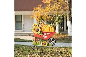 Glitzhome 30" H Fall Metal Wheel Barrow Pumpkin Yard Stake/Hanging Wall Decor