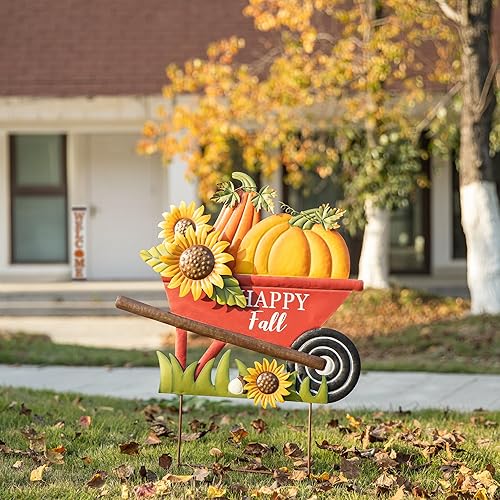 Glitzhome Carretilla de metal de 30 pulgadas de alto, estaca de calabaza para colgar en la pared, carrito de calabaza con letreros de feliz otoño,