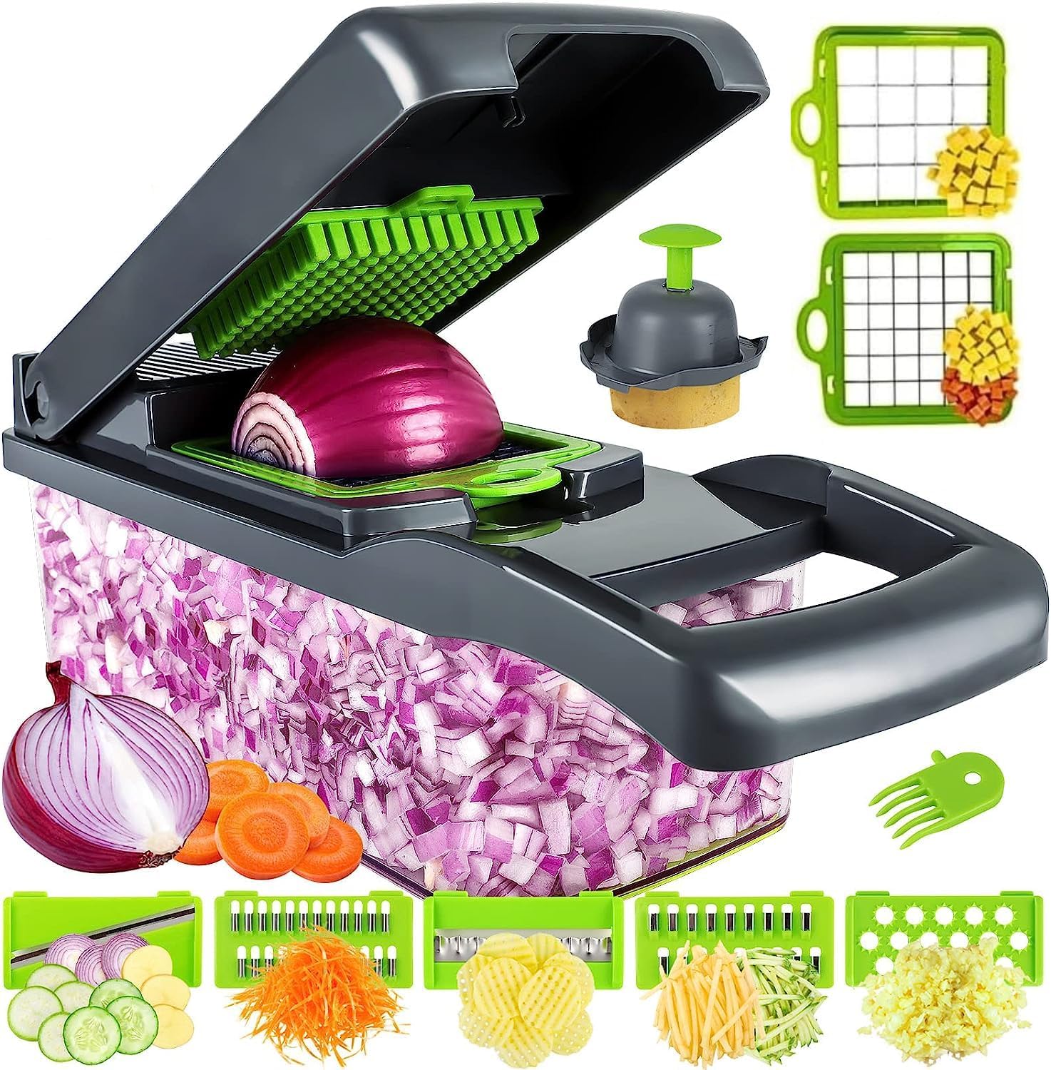 BHUMLO 14 in 1 Multipurpose Chopper - Fruits & Vegetable Cutters, Grater Peeler Chipser | Unbreakable Food Grade Body, Easy Push to Clean Button | Slicer, Dicer, Chopper for Kitchen (Chopper 14 in 1)