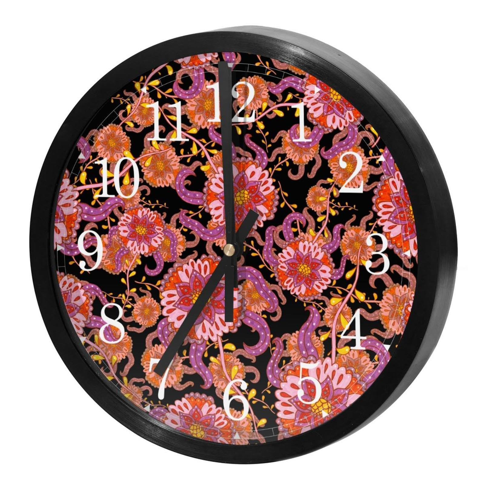 Horloge murale silencieuse à quartz avec motif cachemire floral pour bureau et cuisine
