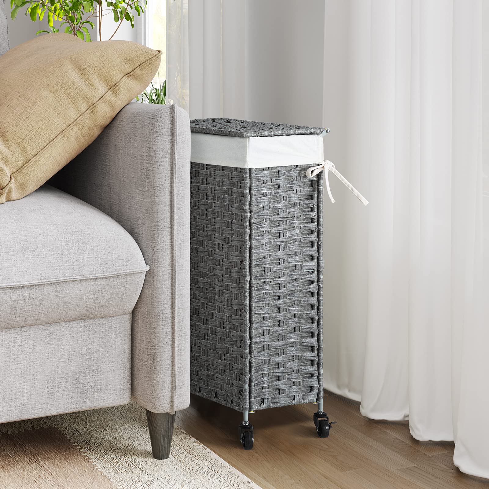 Chrislley 53L Slim Handwoven Rattan Laundry Hamper with Lid Rolling Laundry Basket with Removable Liner Bags Foldable Hampers with Wheels?Grey?