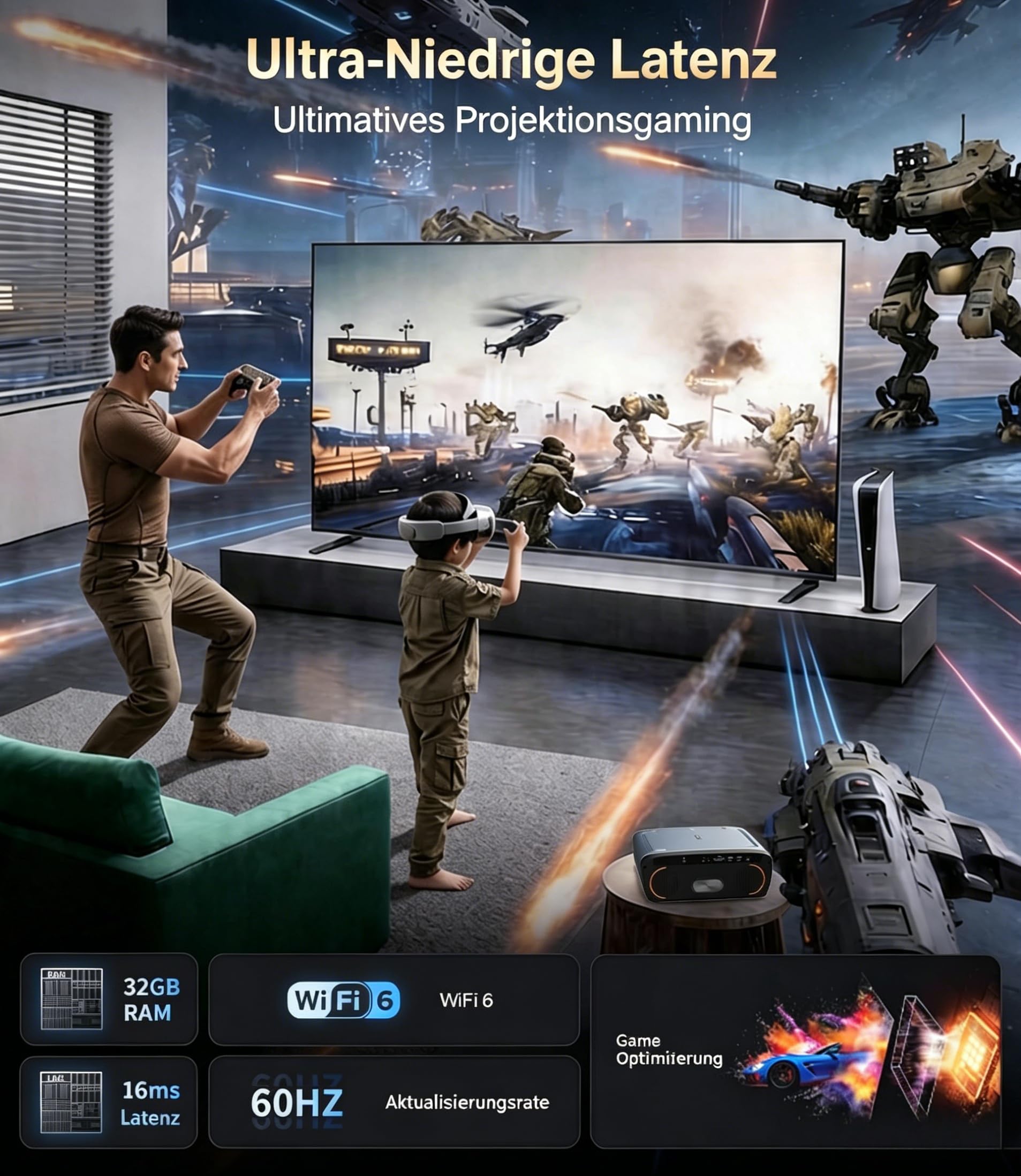 4K Google TV Tageslicht Beamer 2550 ANSI-Lumen Projektor für Heimkino | Smart Beamer,Streaming-Apps, 70W Dolby Audio,ToF-Autofokus,WLAN6,BT5.4 & NFC,HDMI ARC,MEMC Filme ,Gaming und Outdoor