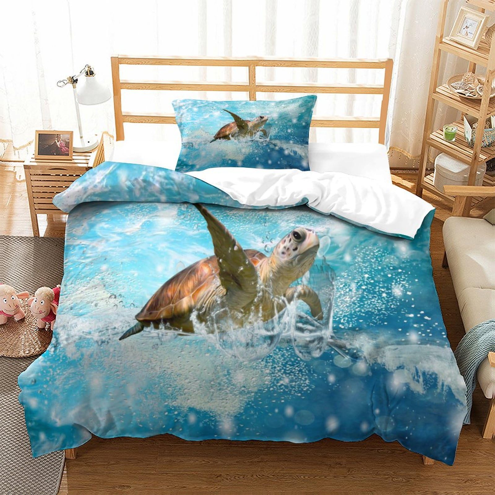 P1s9u7w5y Sea Turtle-1 Realistic Shark 3D Printed Duvet Cover Set 3Pcs Microfiber Jumping Shark Bedding Set Single（135X200cm）