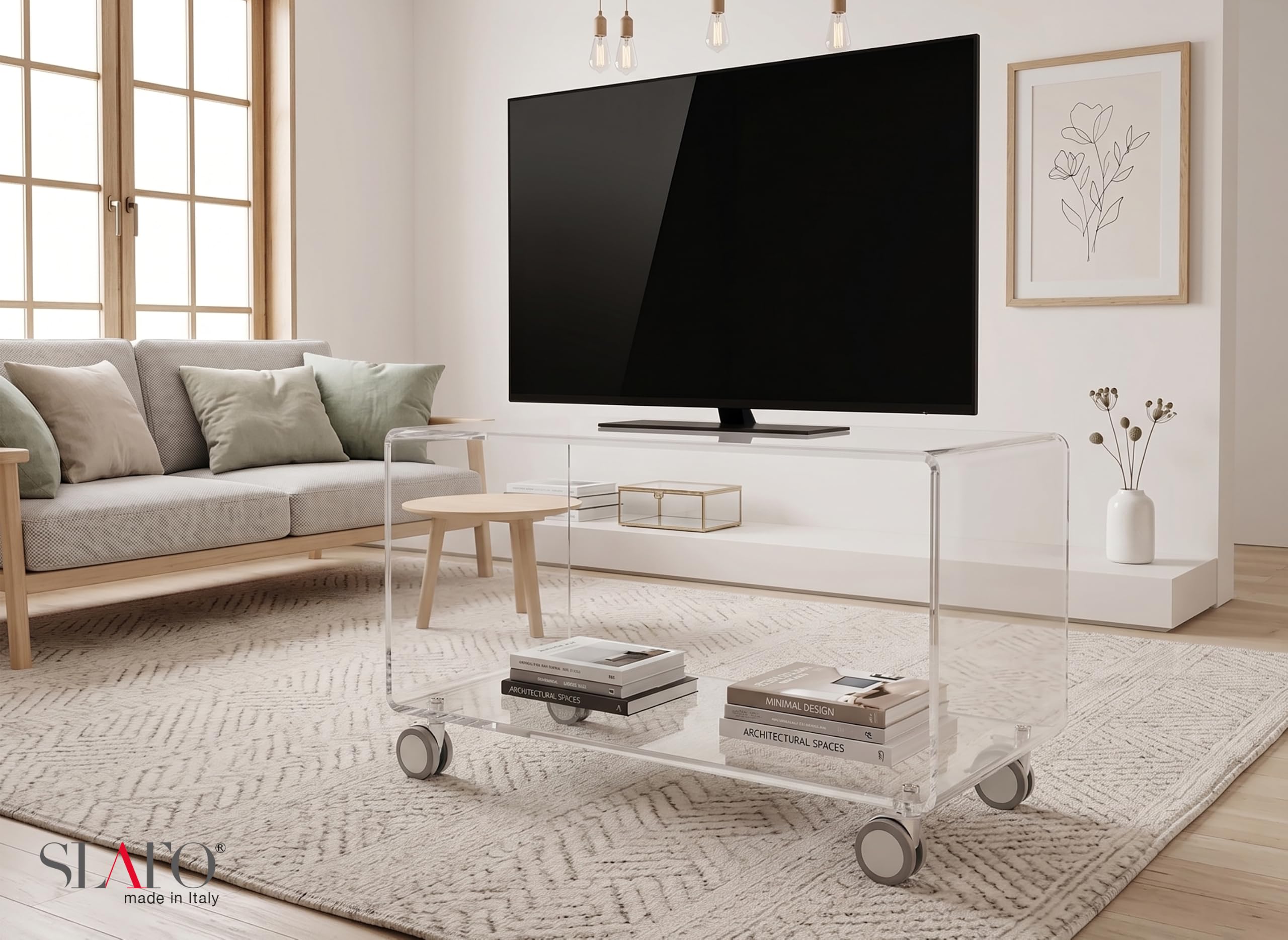 Slato Fedra Beistelltisch mit 2 Etagen, TV-Regal mit Rollen, modernes Design aus Acrylglas, hohe Dicke, transparent, hergestellt in Italien