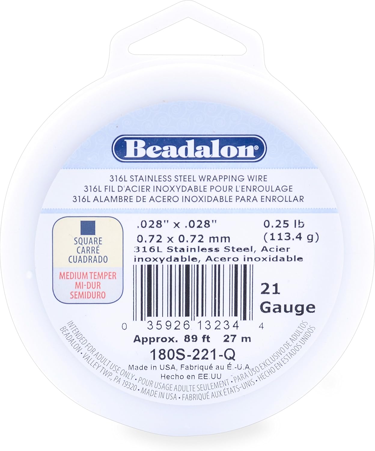 Beadalon 316L Stainless Steel Wrapping Wire, Square, 21 Gauge, 89 feet, 1/4 Pound