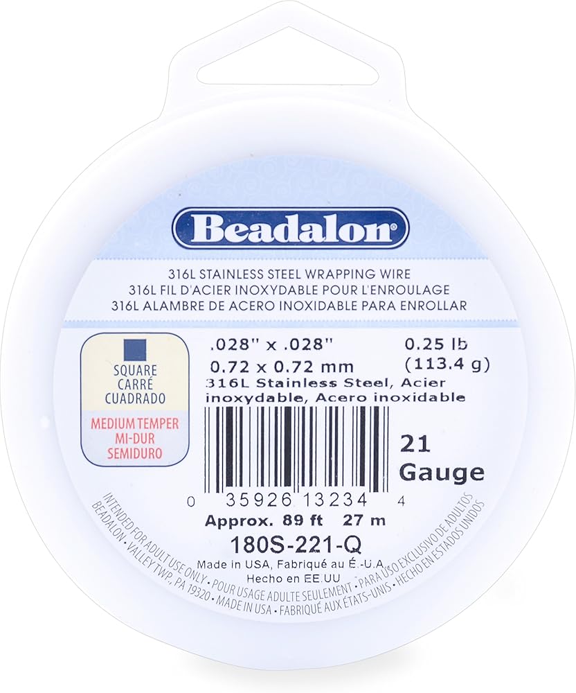 Square Wire Wrap Beadalon 316L Stainless Steel Wrapping Wire, Square, 21 Gauge, 89 