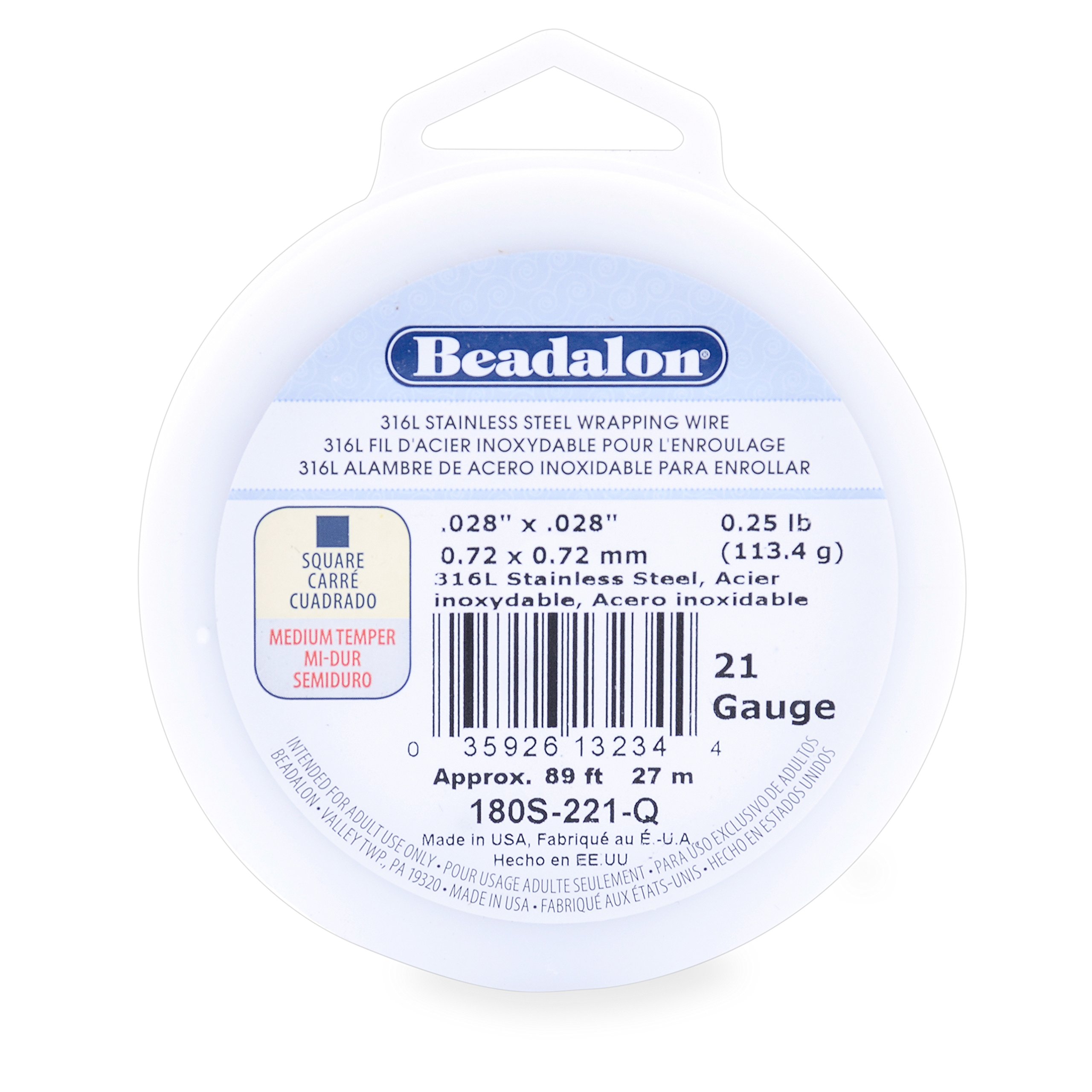 Beadalon 316L Stainless Steel Wrapping Wire, Square, 21 Gauge, 89 feet, 1/4 Pound